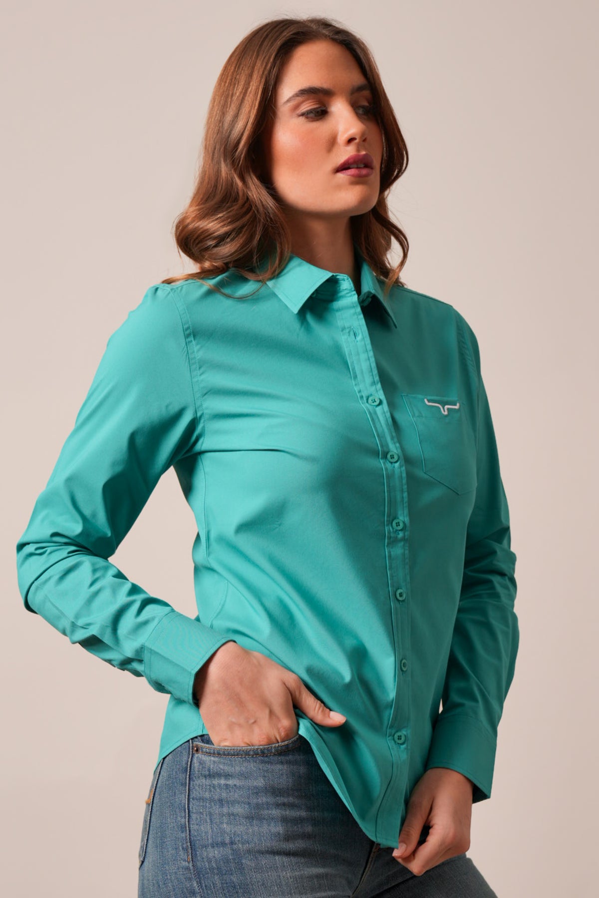 Kimes Ranch KR Team Shirt in teal, long sleeve, collar, button front with chest pocket featuring embroidered Kimes Ranch logo