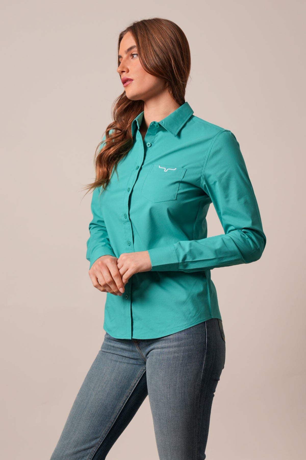 Kimes Ranch KR Team Shirt in teal, long sleeve, button down front, chest pocket with logo