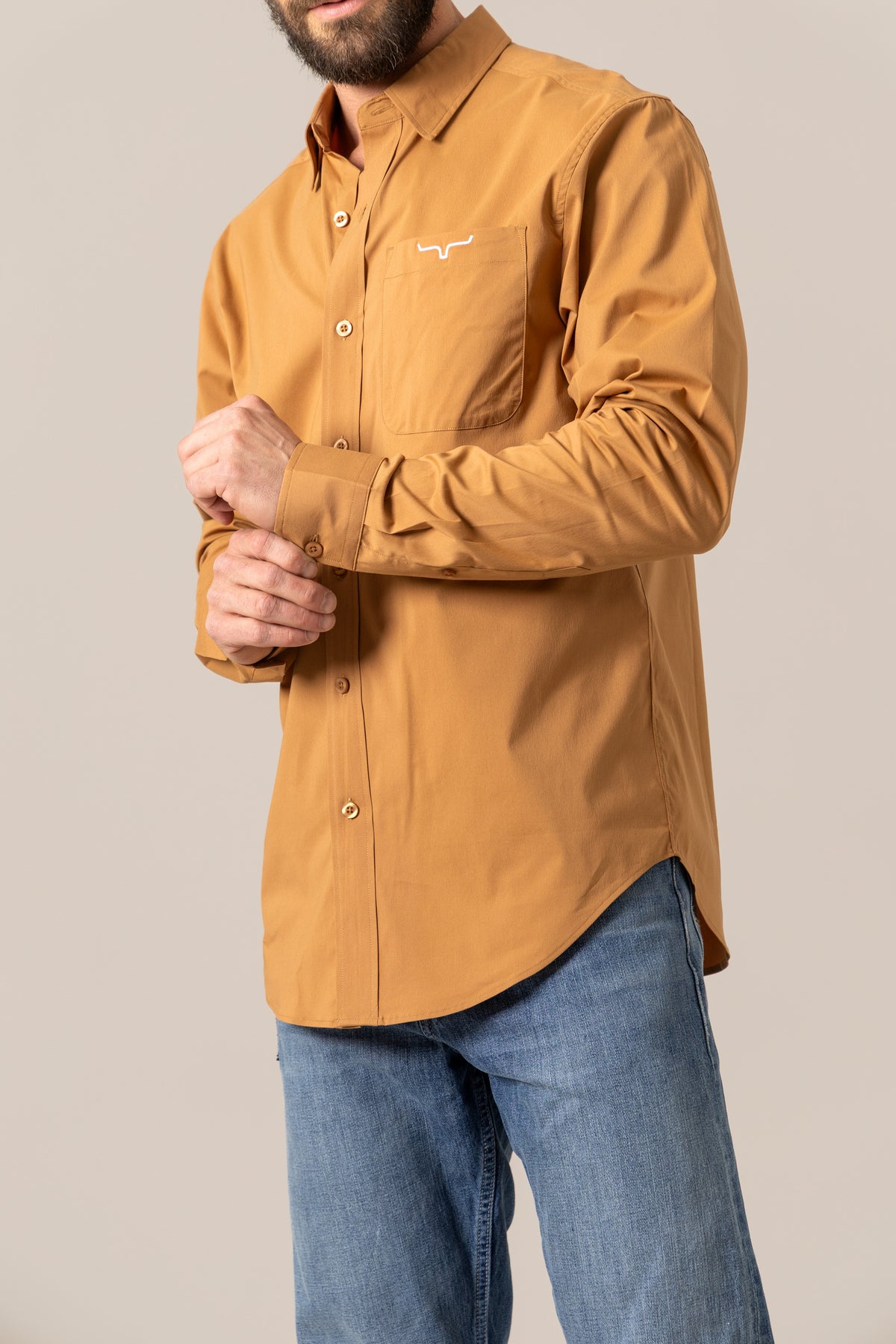 Kimes Ranch KR Team Shirt in Work Wear Brown, long sleeve dress shirt featuring a chest pocket and the Kimes Ranch logo