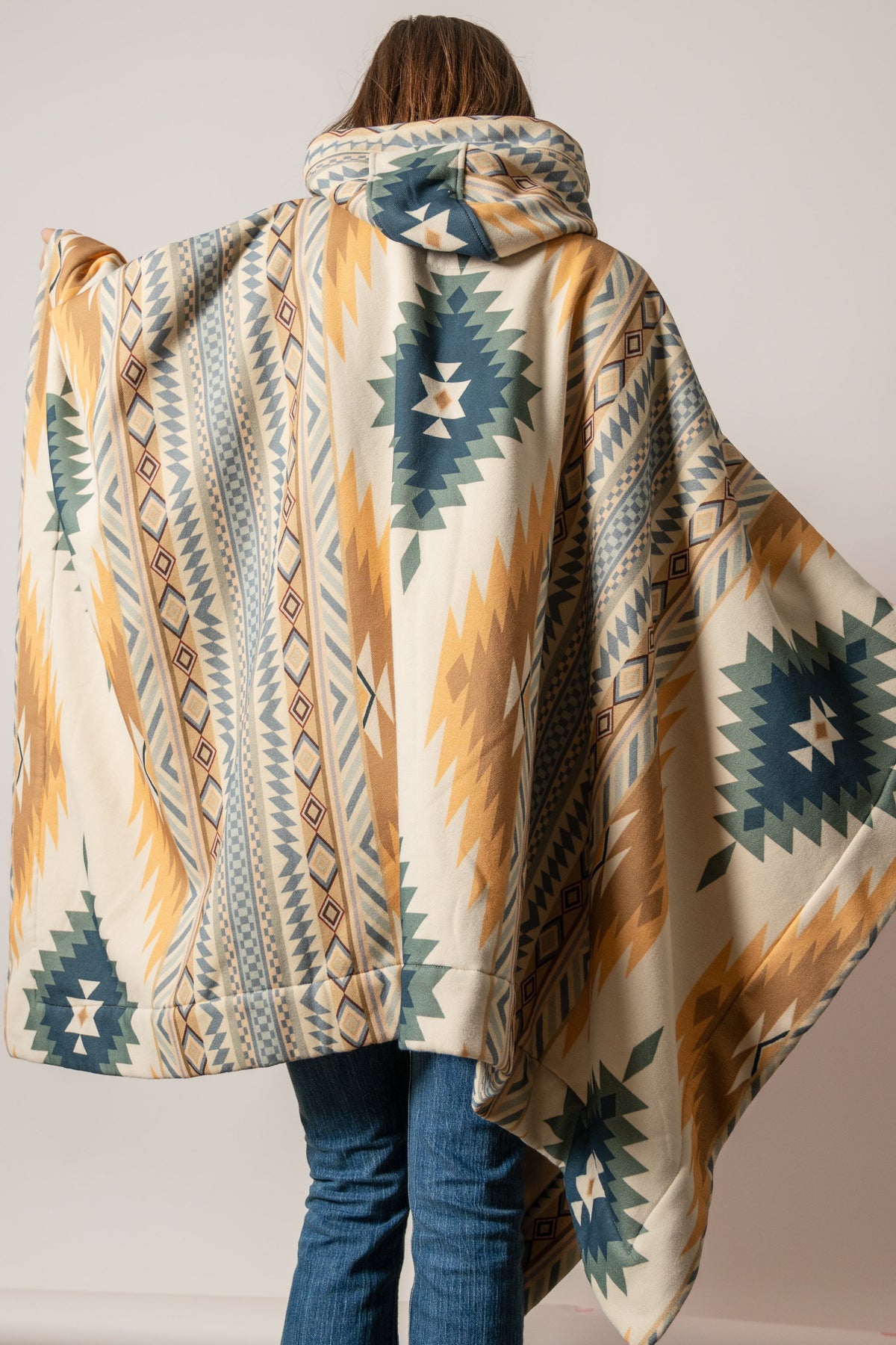 Kimes Ranch Lena back hooded poncho sweatshirt in Sand with Navajo-inspired pattern