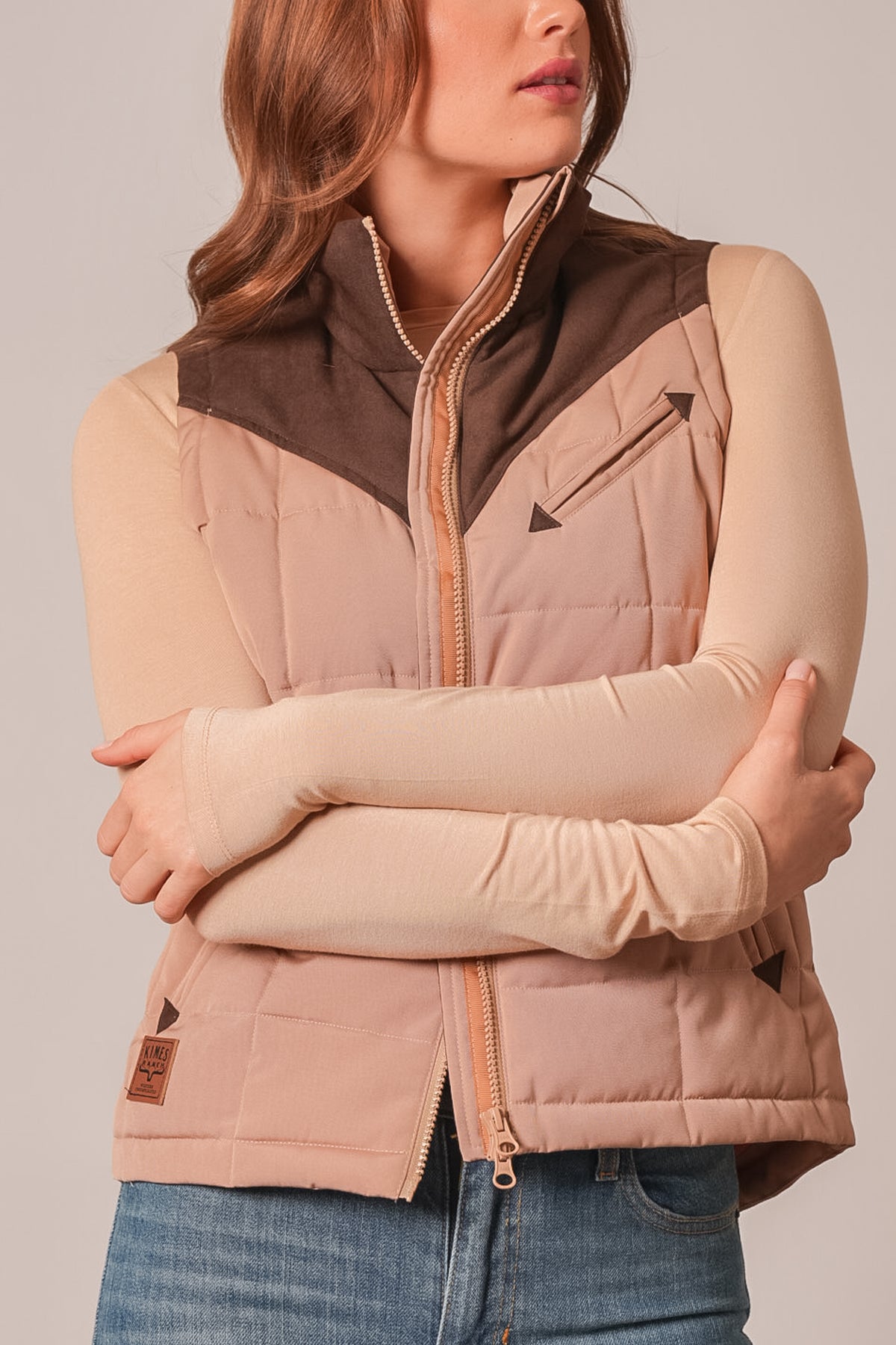 Kimes Ranch Lenora vest in Coffee, featuring a quilted tan body, brown yoke, full front zipper, and zippered chest pocket