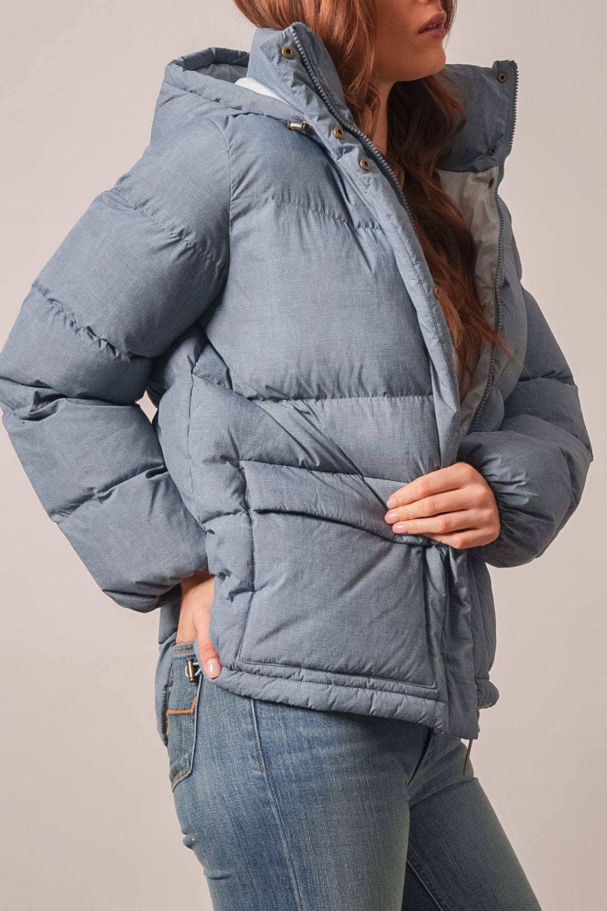 Kimes Ranch Letty jacket in Faded Denim with quilted puffy design, stand collar and zip front closure