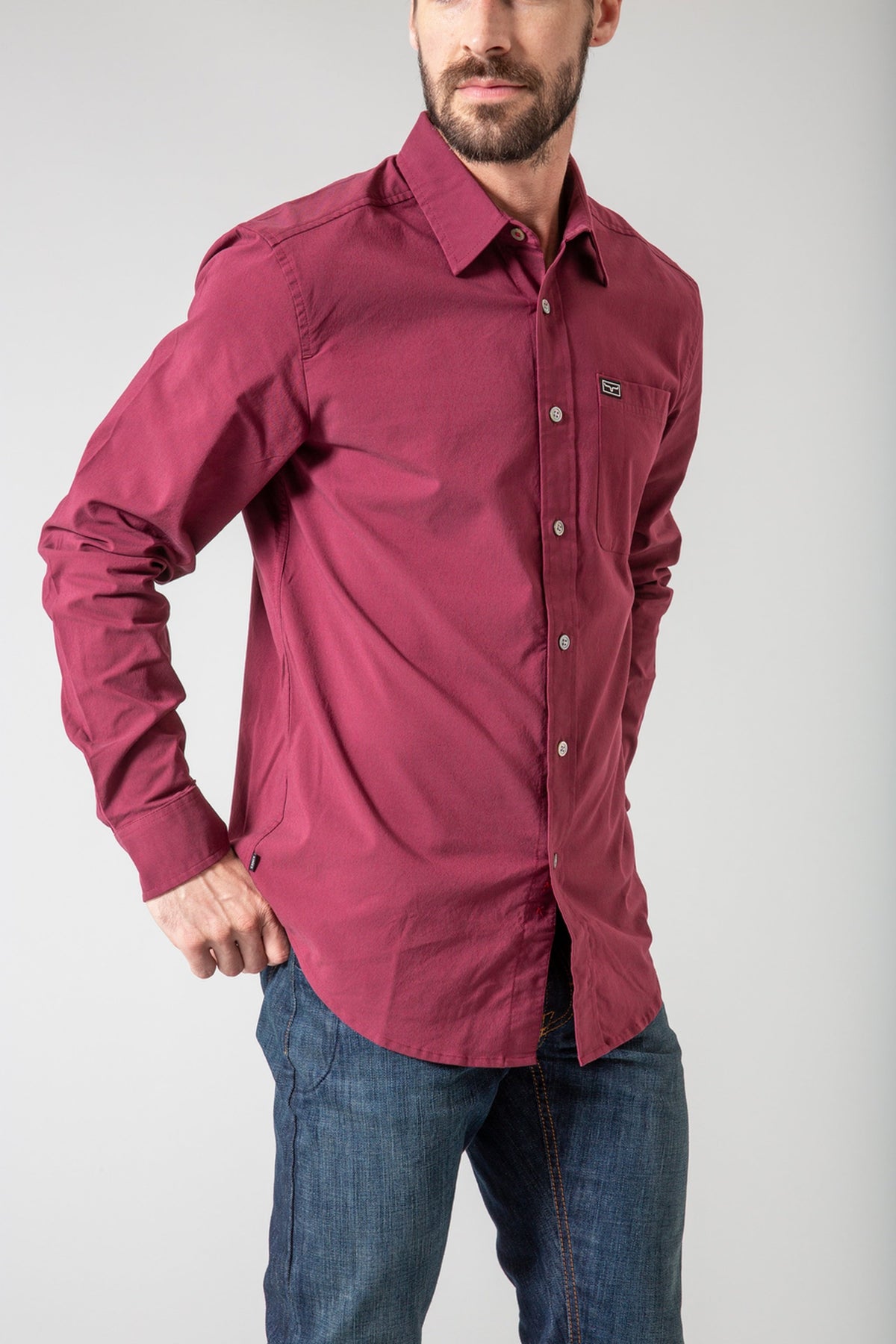 Kimes Ranch Linville Long Sleeve Dress Shirt in Port with a chest pocket and logo