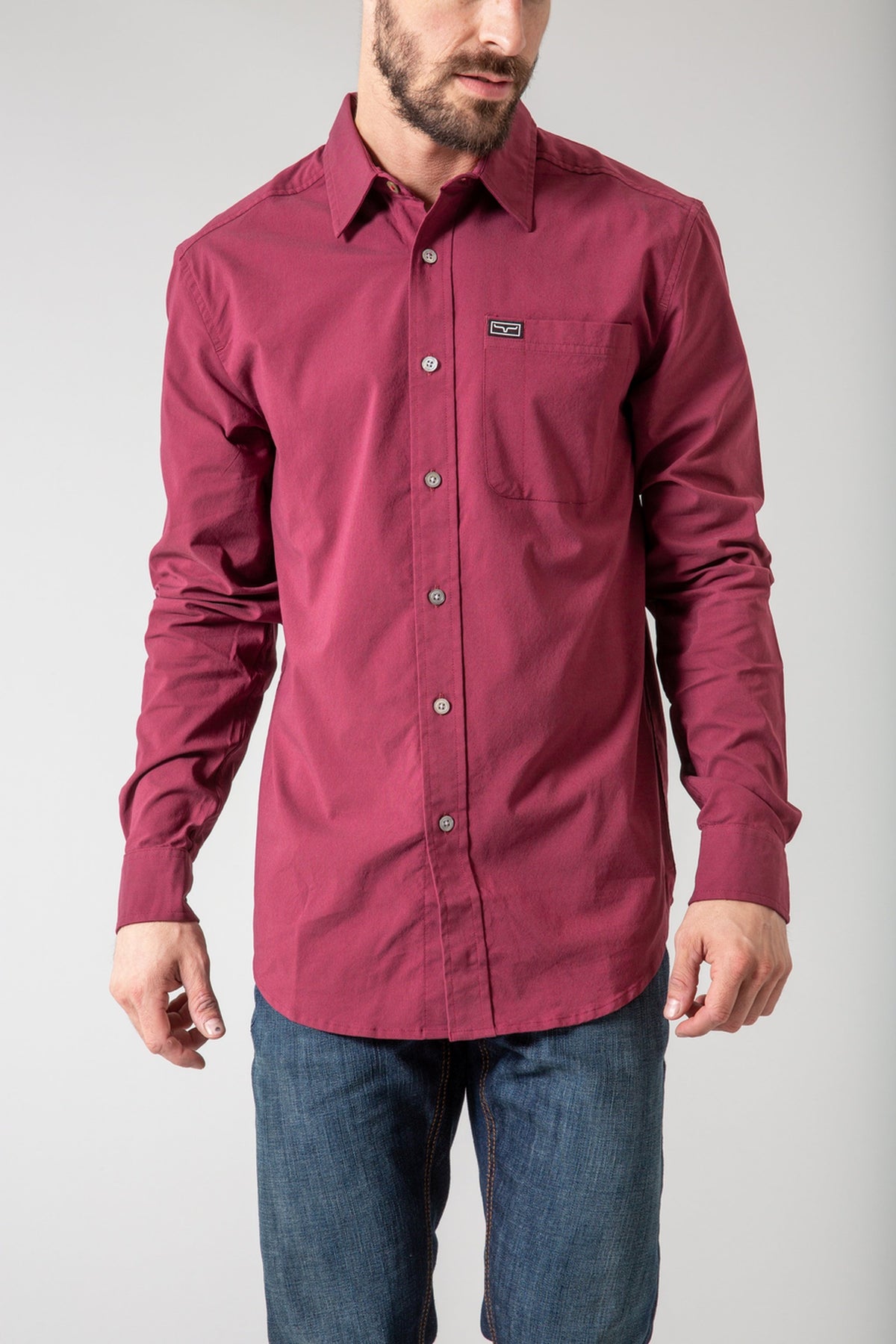 Kimes Ranch Linville Long Sleeve Dress Shirt in Port with a chest pocket and logo patch