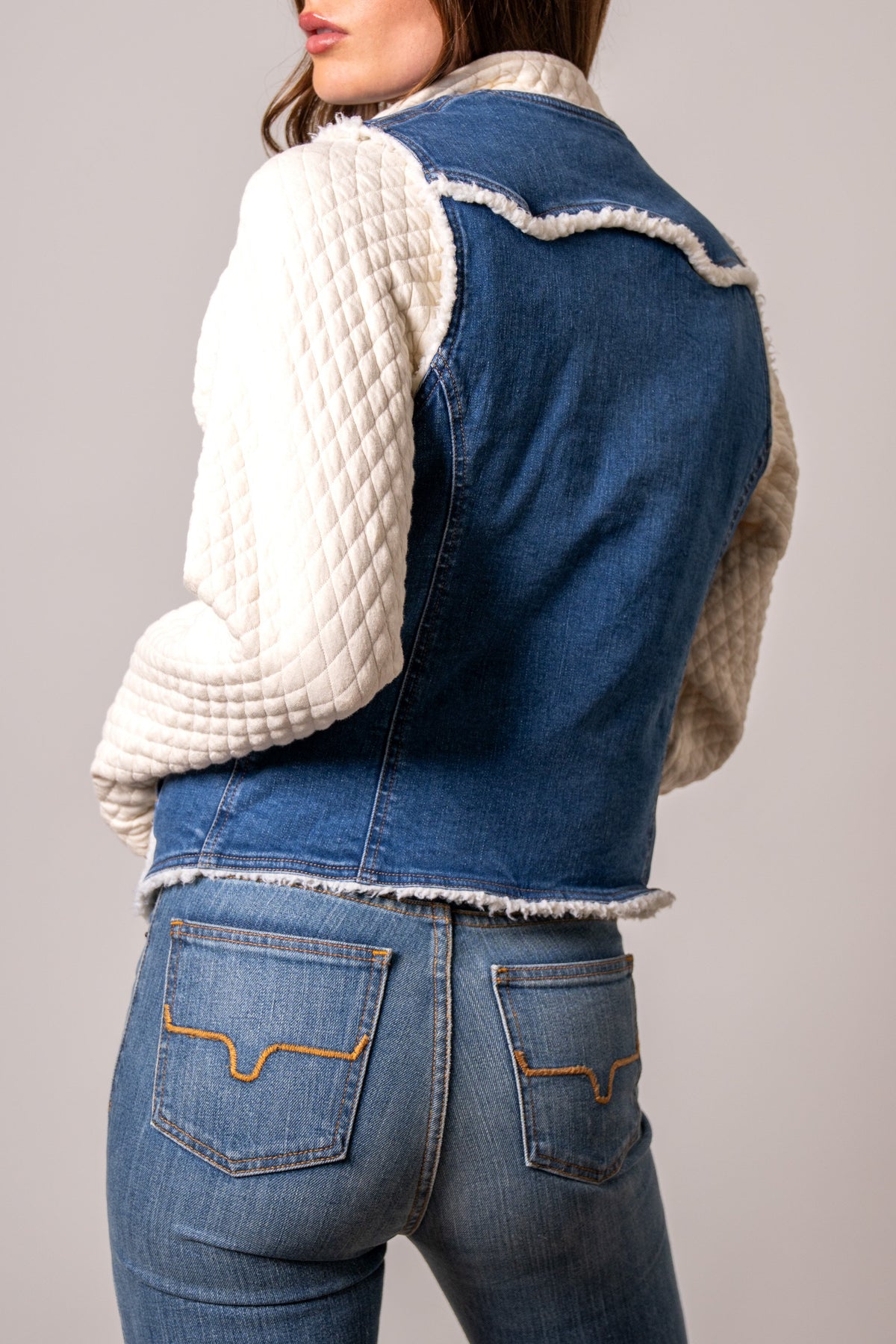 Kimes Ranch Loni vest, dark wash denim with quilted off-white sleeves and yoke