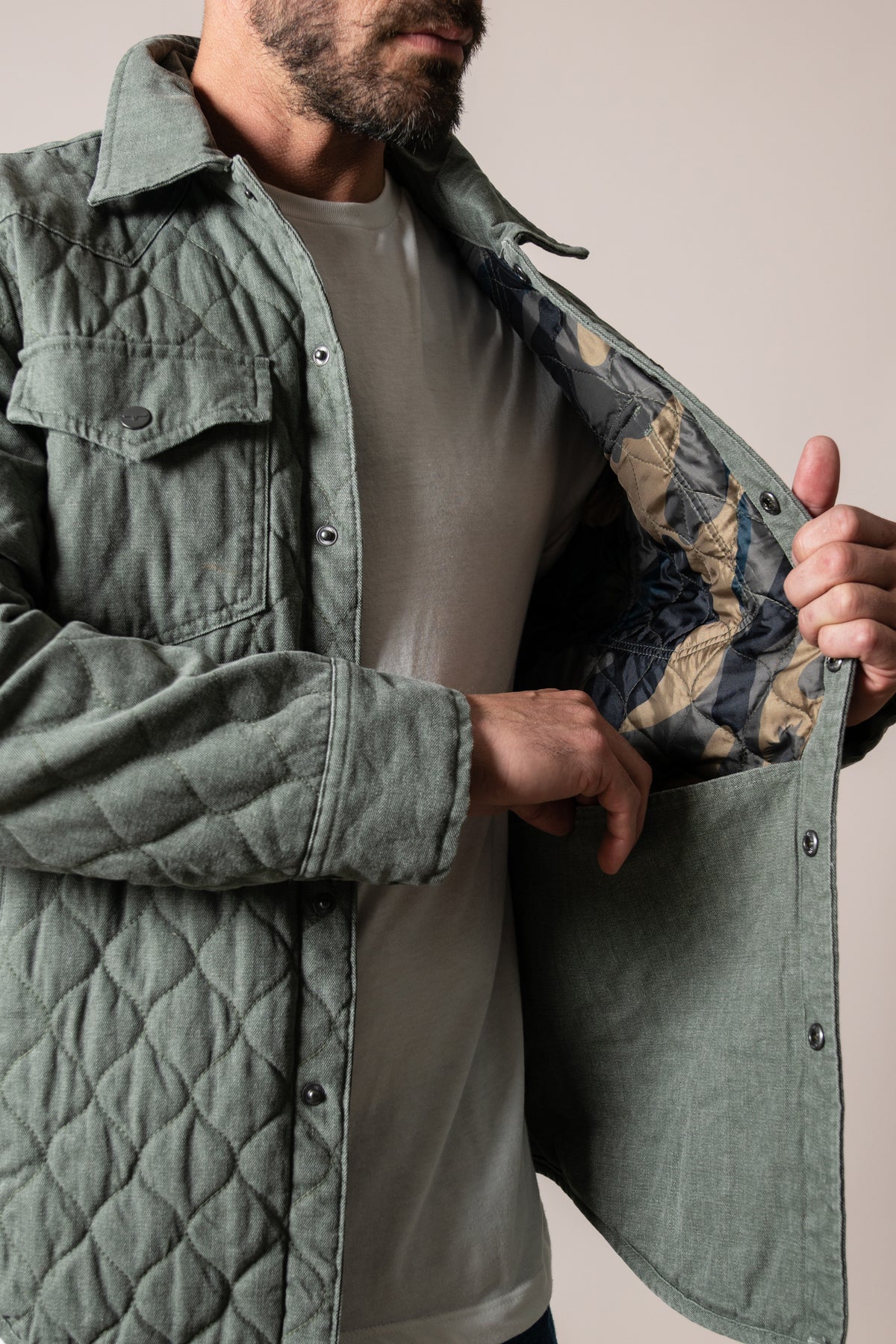 Kimes Ranch Madison Army Green quilted jacket with camo lining and snap buttons, shown open