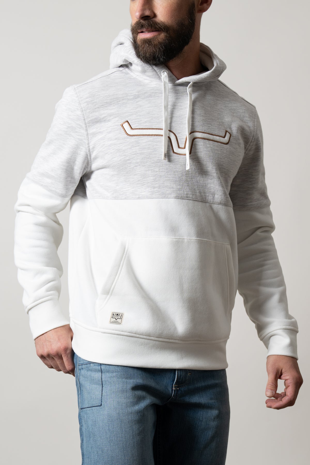 Kimes Ranch Mallard Hoodie in natural, colorblock grey and white with embroidered Kimes Ranch logo