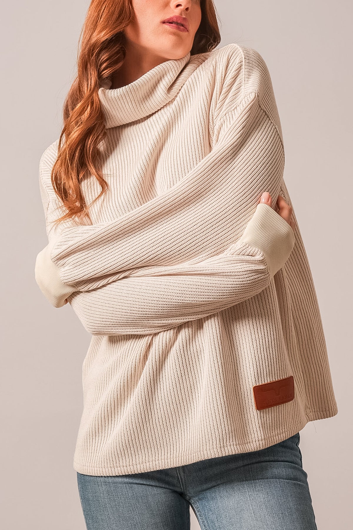 Kimes Ranch Maren sweatshirt in Natural with turtleneck, long sleeves, ribbed knit and leather logo patch