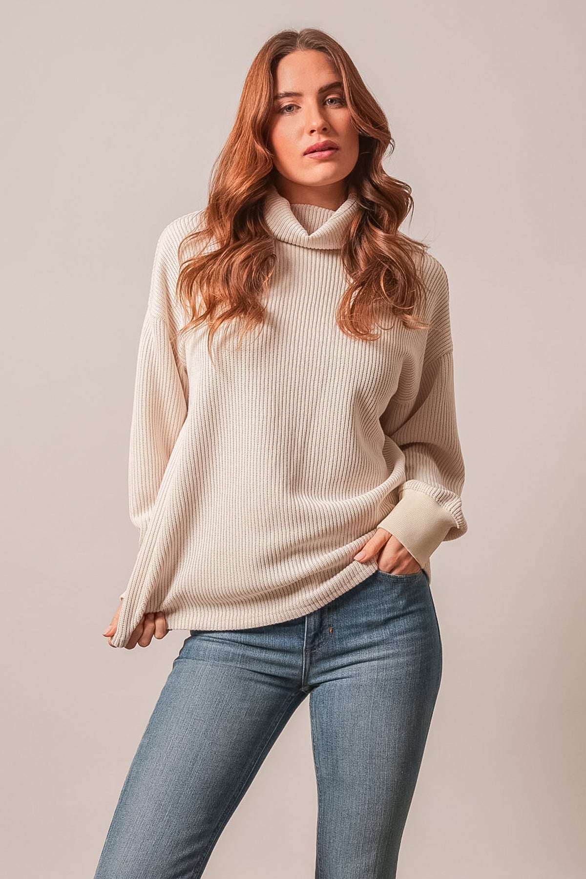 Kimes Ranch Maren sweatshirt in Natural color with ribbed texture, long sleeves, and cowl neckline