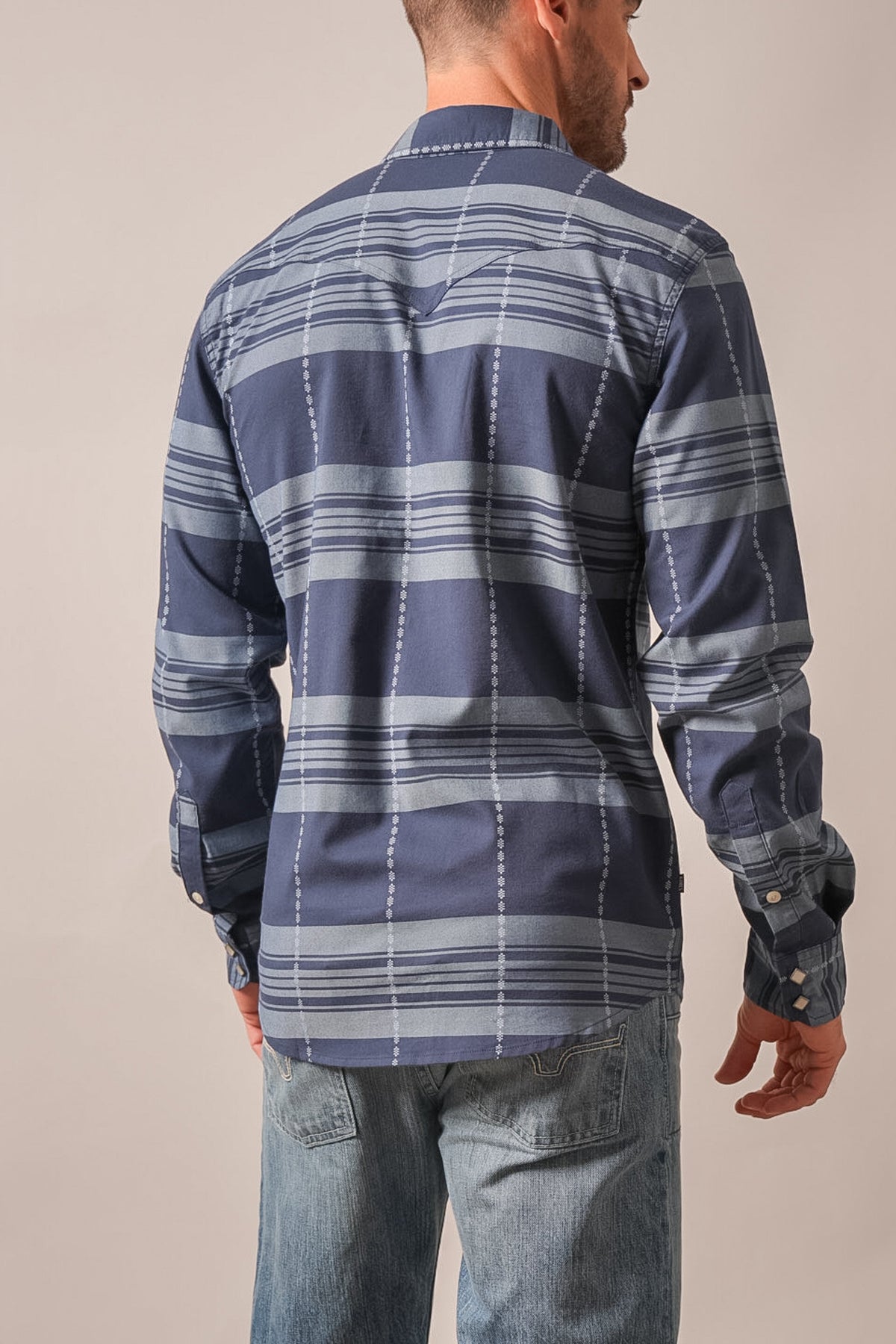 Kimes Ranch Mitch long sleeve dress shirt in dark blue with multi stripe pattern and contrast yoke back view