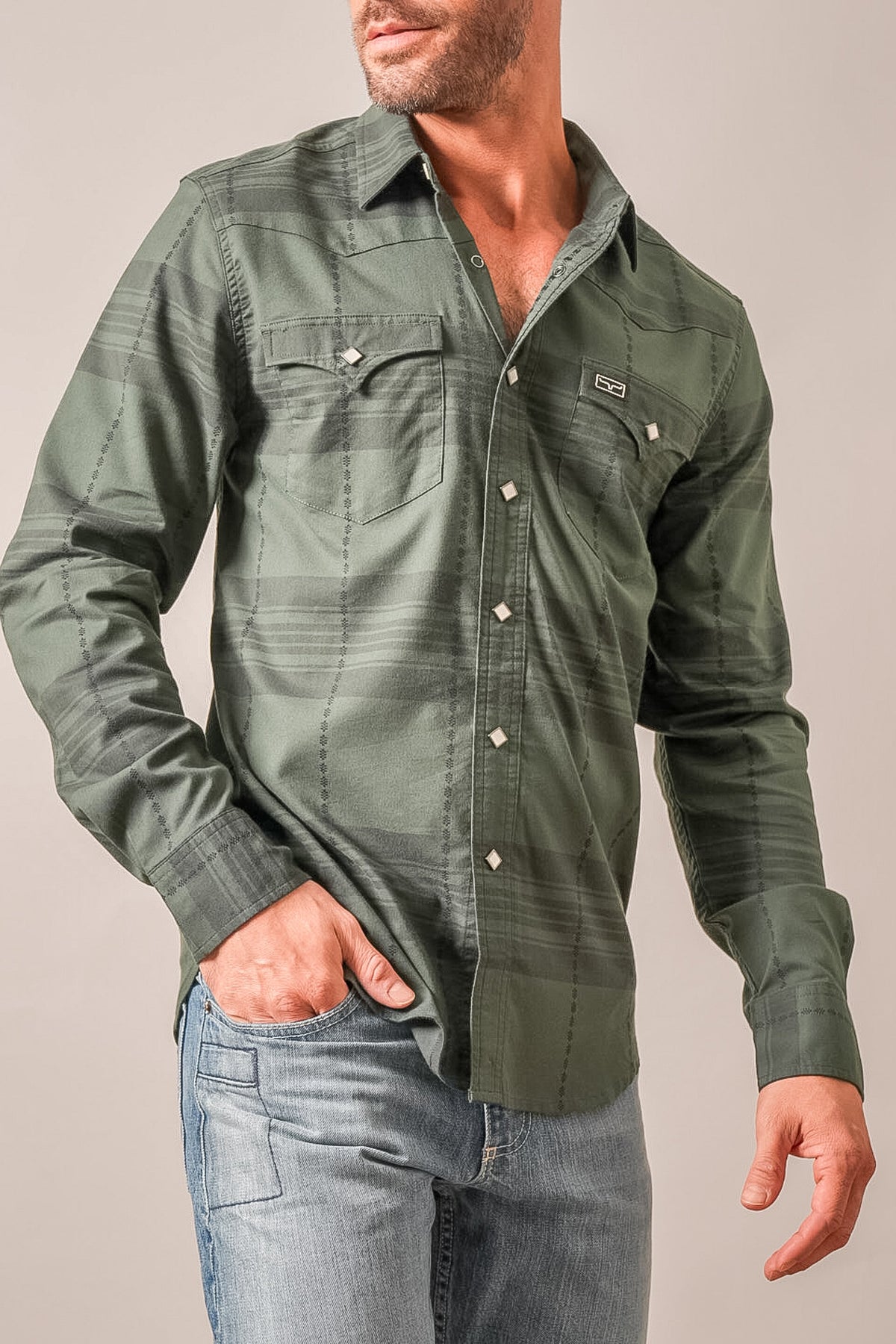 Kimes Ranch Mitch long sleeve dress shirt in forest with two chest pockets and logo