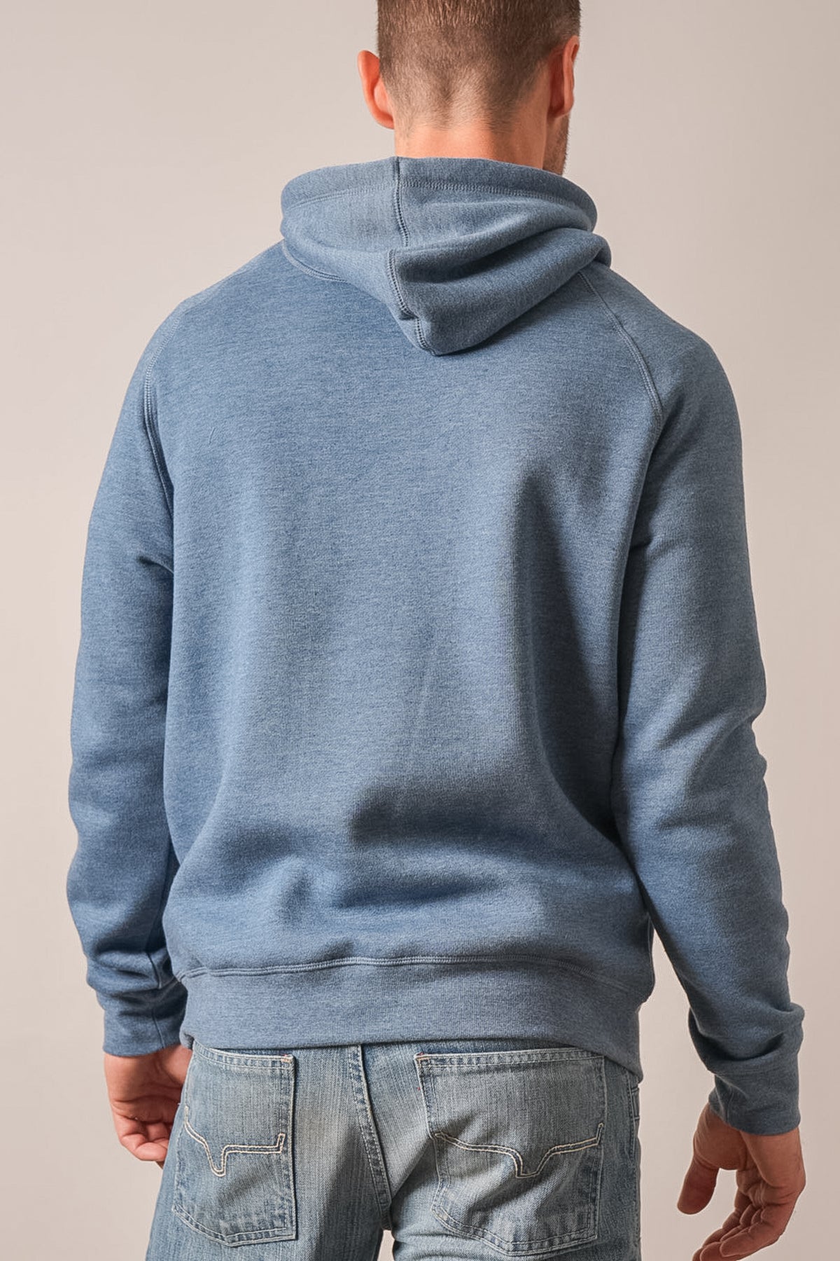 Kimes Ranch Outlier navy heather men's hoodie back view with kangaroo pocket and long sleeves