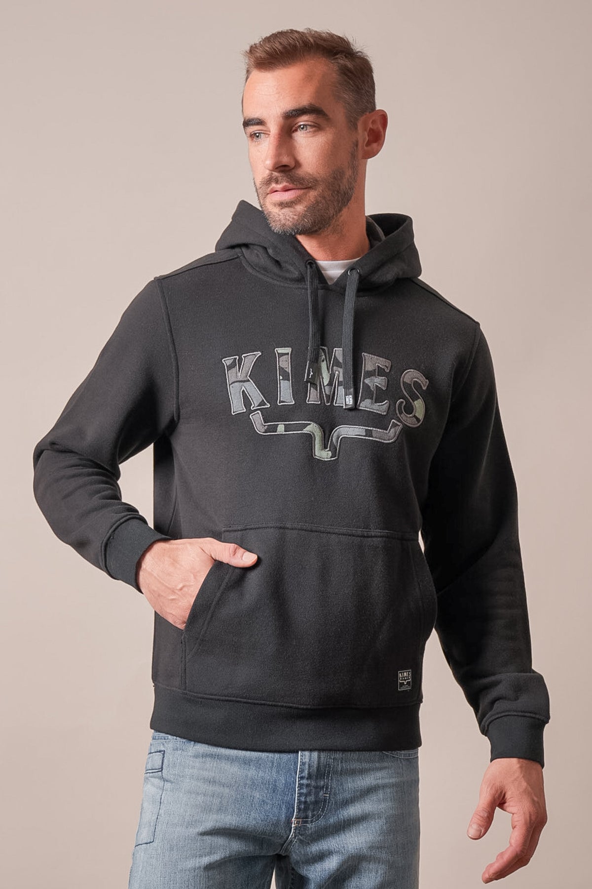 Kimes Ranch Riddle Black hoodie featuring KIMES logo with camouflage longhorn graphic