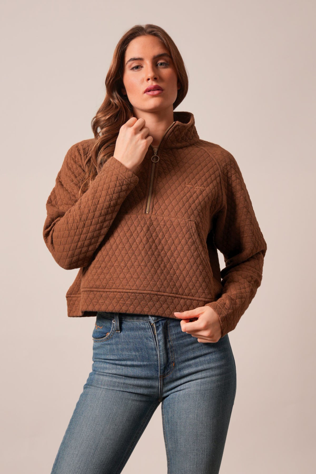 Kimes Ranch Rita sweatshirt in Dark Brown with a quilted texture and front zip detail