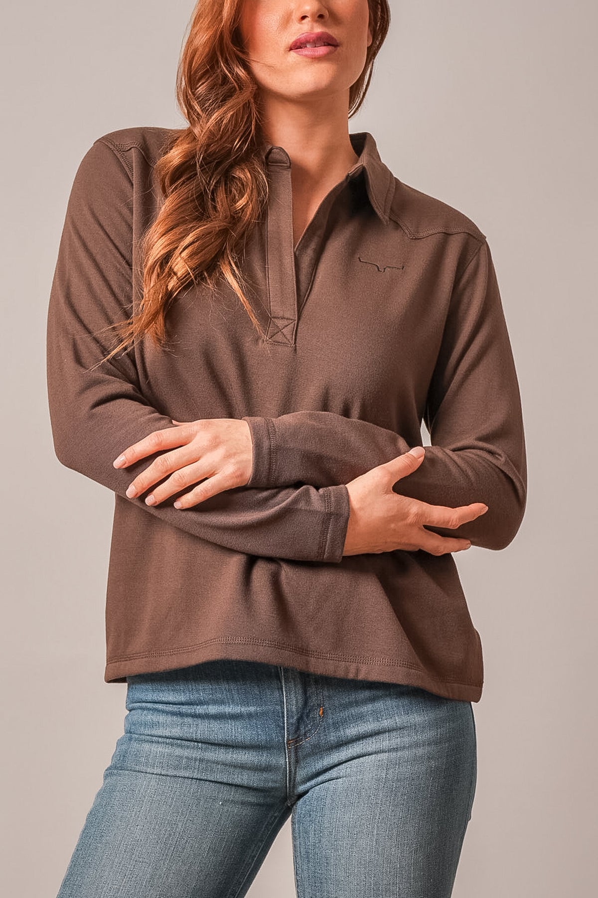 Kimes Ranch Riva sweatshirt in Espresso with a half-zip collar, long sleeves, and the Kimes Ranch logo on the left chest