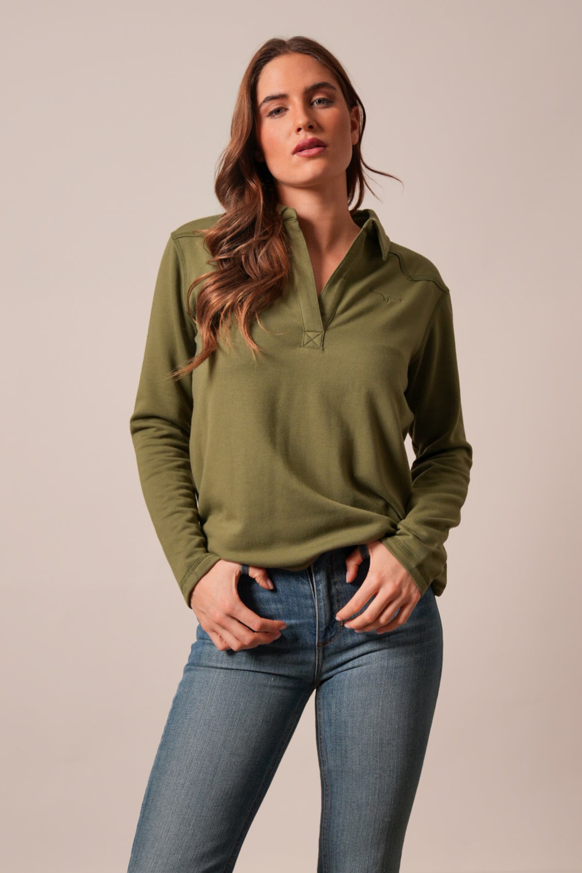 Kimes Ranch Riva sweatshirt in moss, long sleeve, crew neck, small Kimes Ranch logo