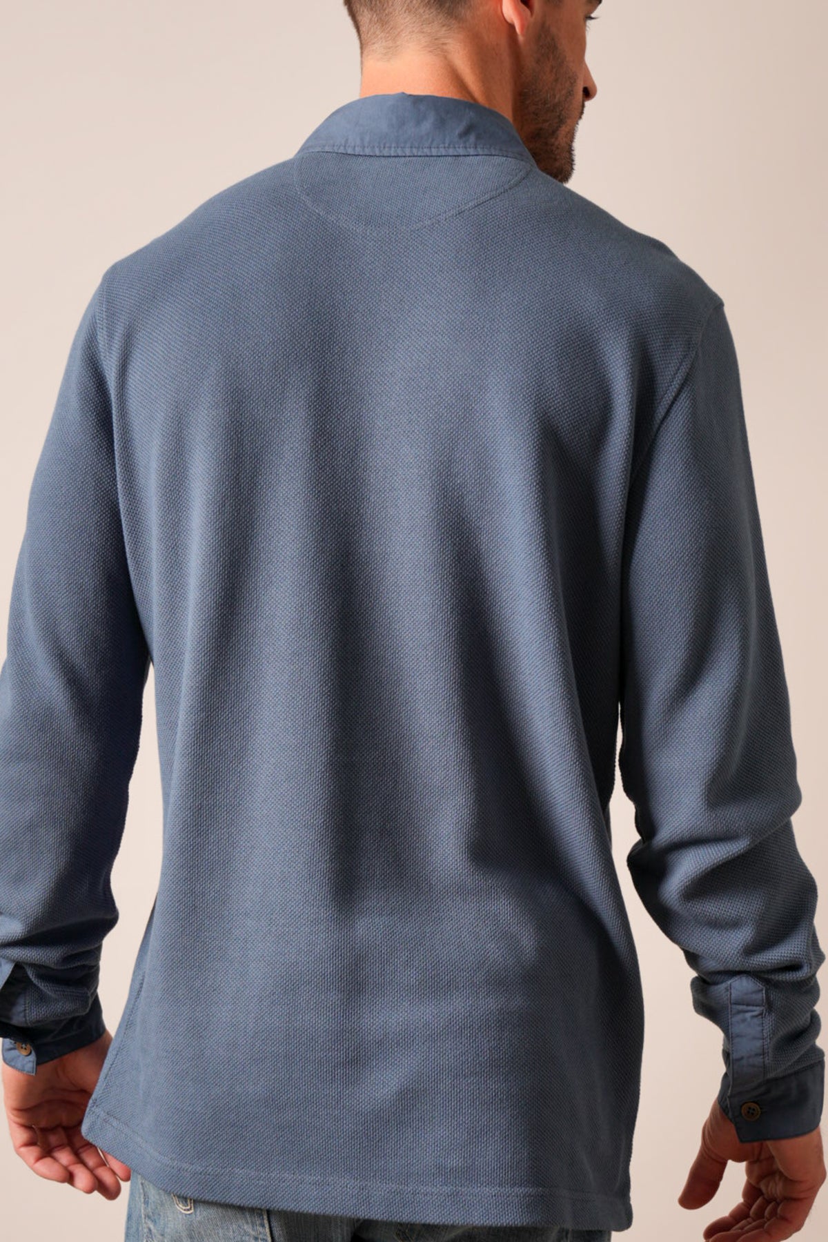 Kimes Ranch Rockaway long sleeve waffle knit polo shirt back view, Dark Blue