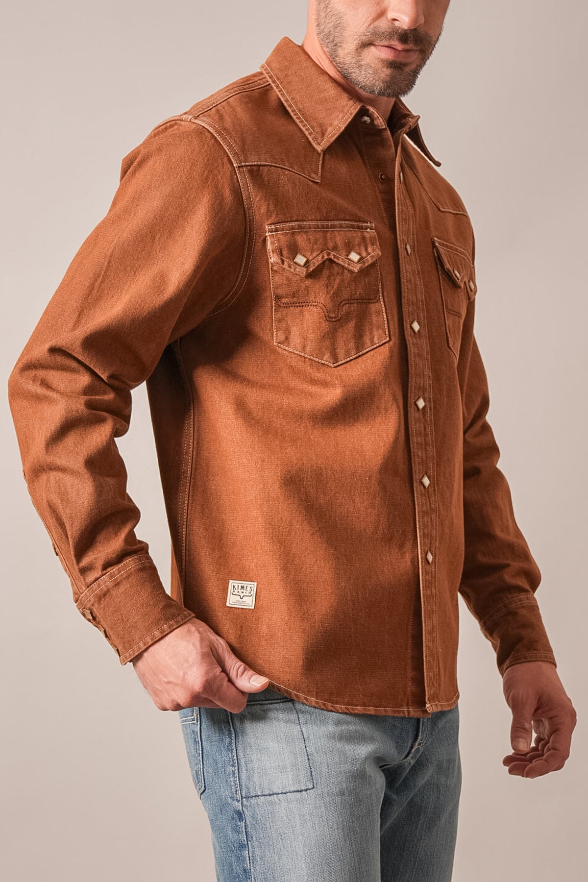 Kimes Ranch Roscoe long sleeve western jacket in brown with Kimes Ranch logo patch and chest pockets