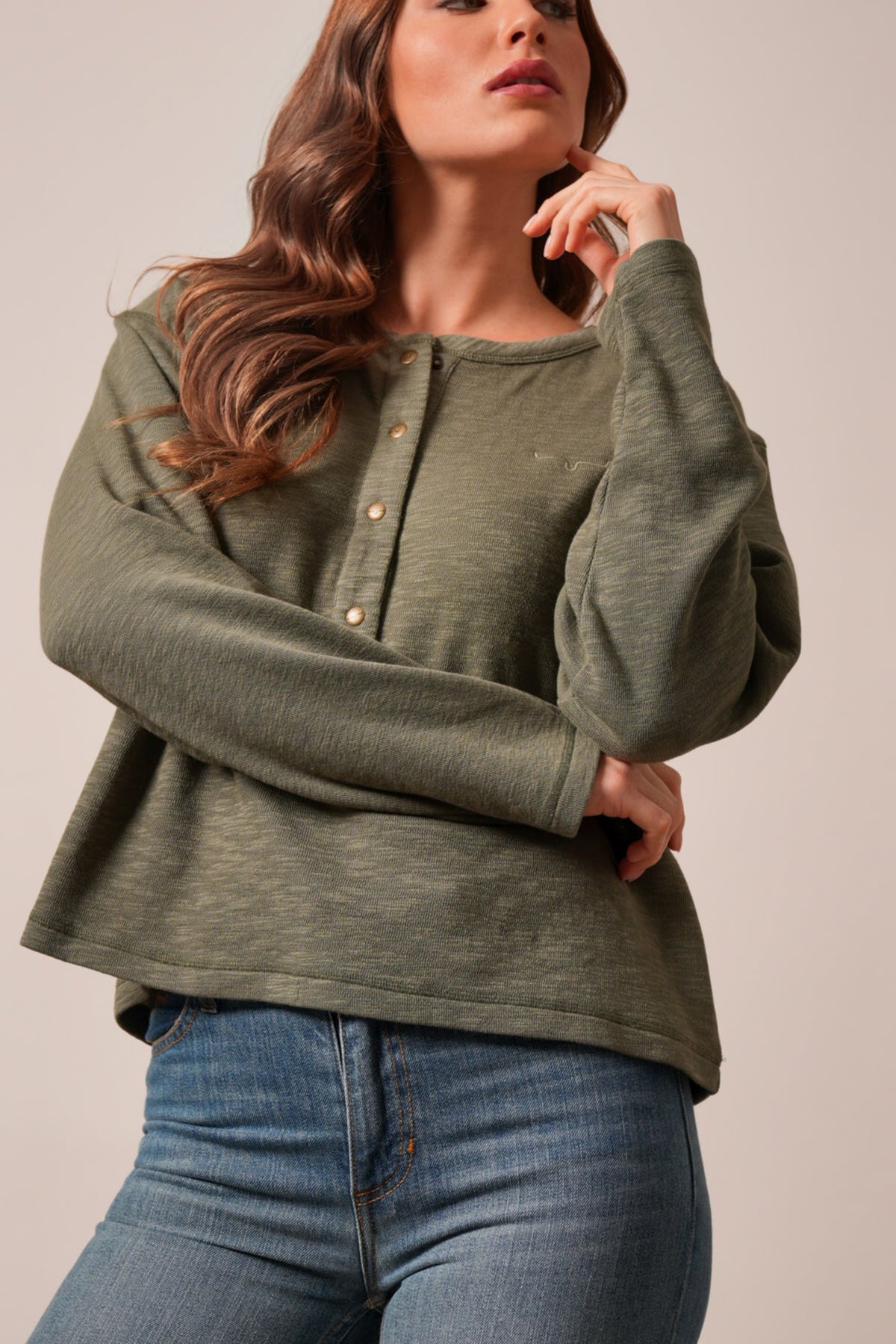 Kimes Ranch Sidney top in moss, long sleeve henley with buttons, logo embroidered on chest