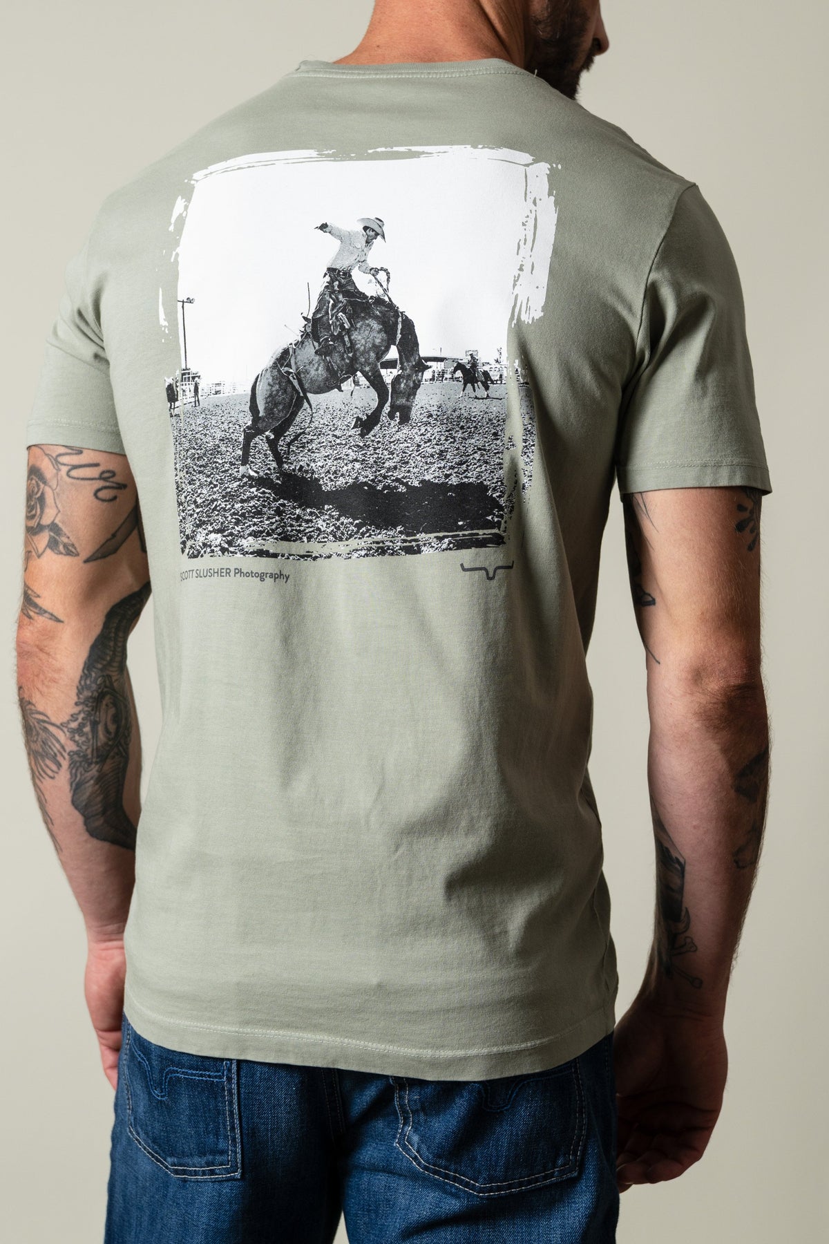 Kimes Ranch Sage SS Bronc Ride short sleeve tee back with bronc graphic