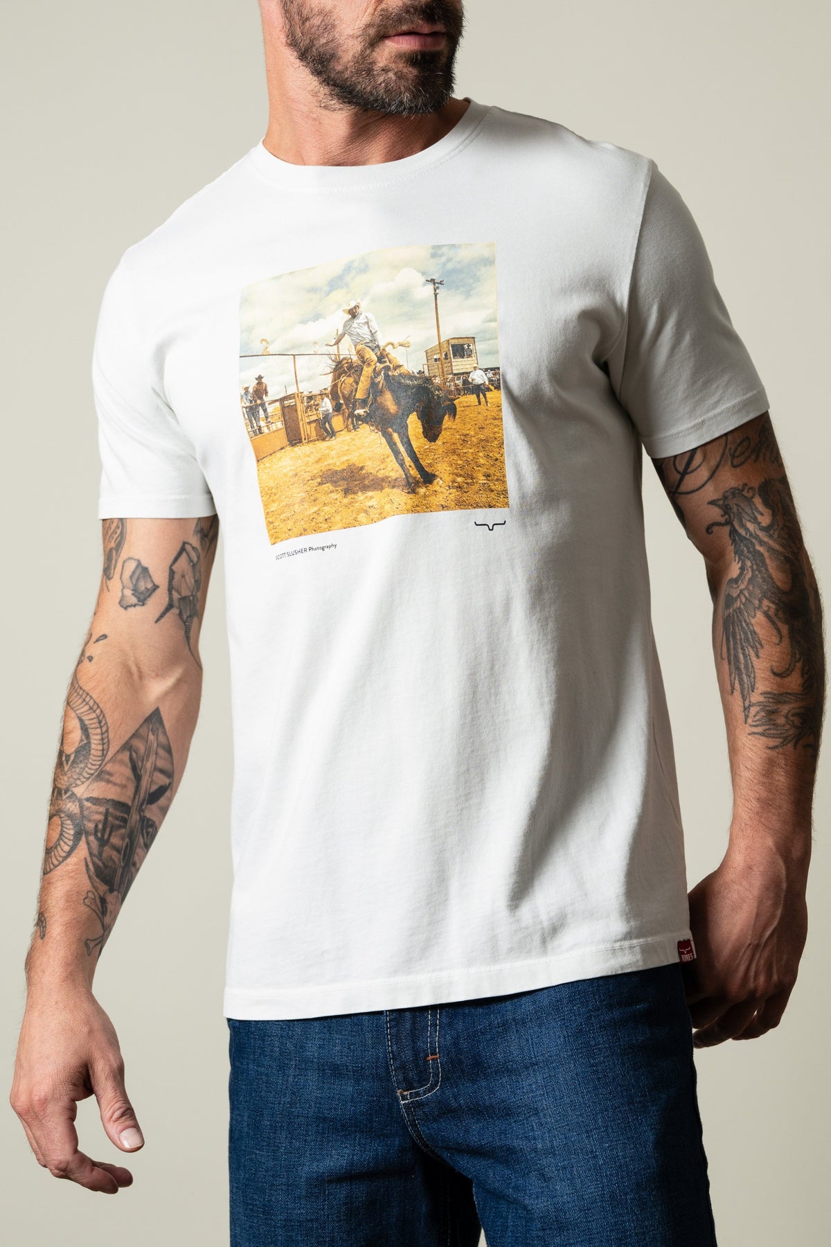 Kimes Ranch SS Classic Event white short sleeve tee with graphic of cowboy on bucking horse
