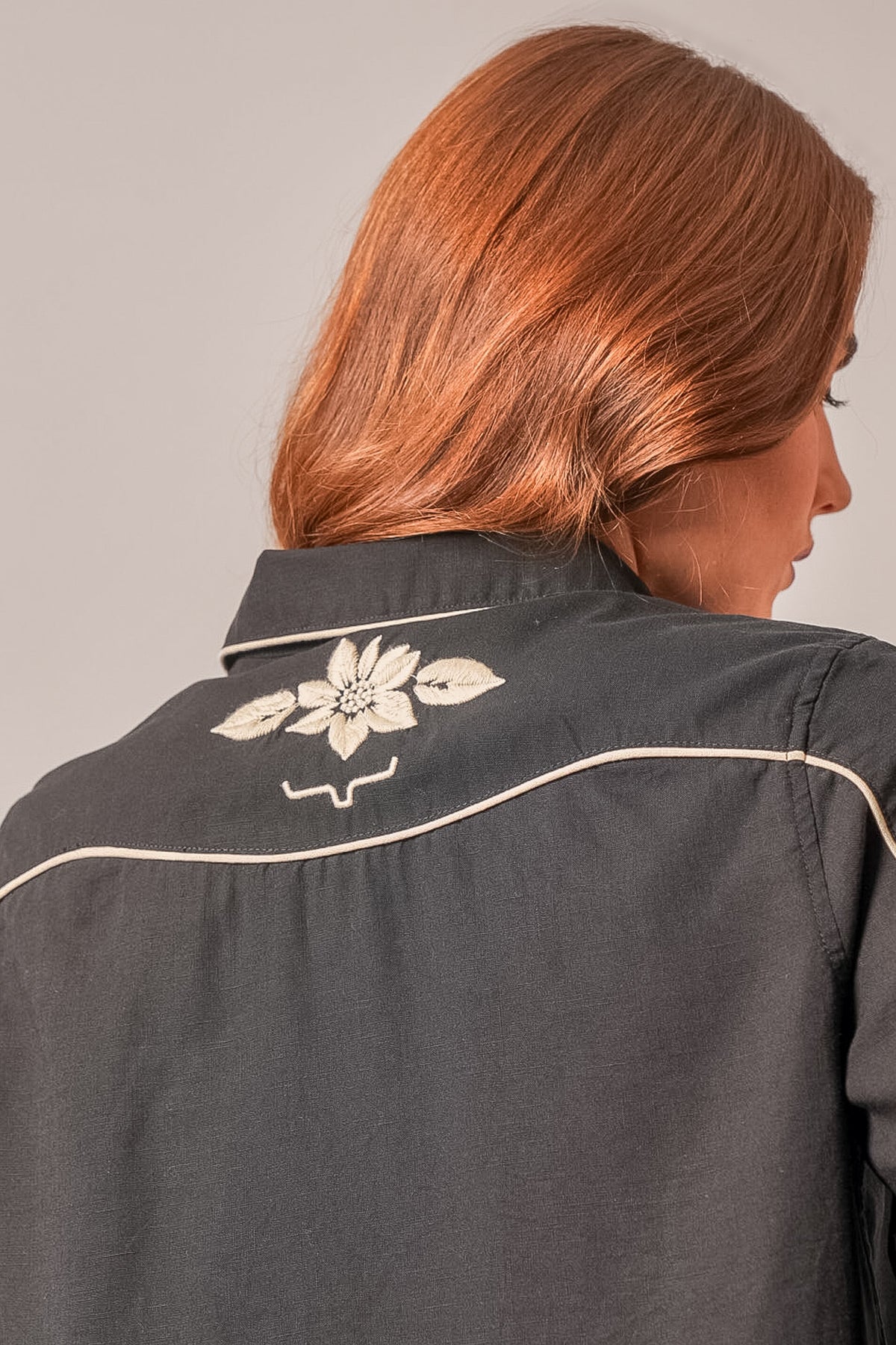 Kimes Ranch Stevie long sleeve black top, white embroidery, yoke, floral design, leaves