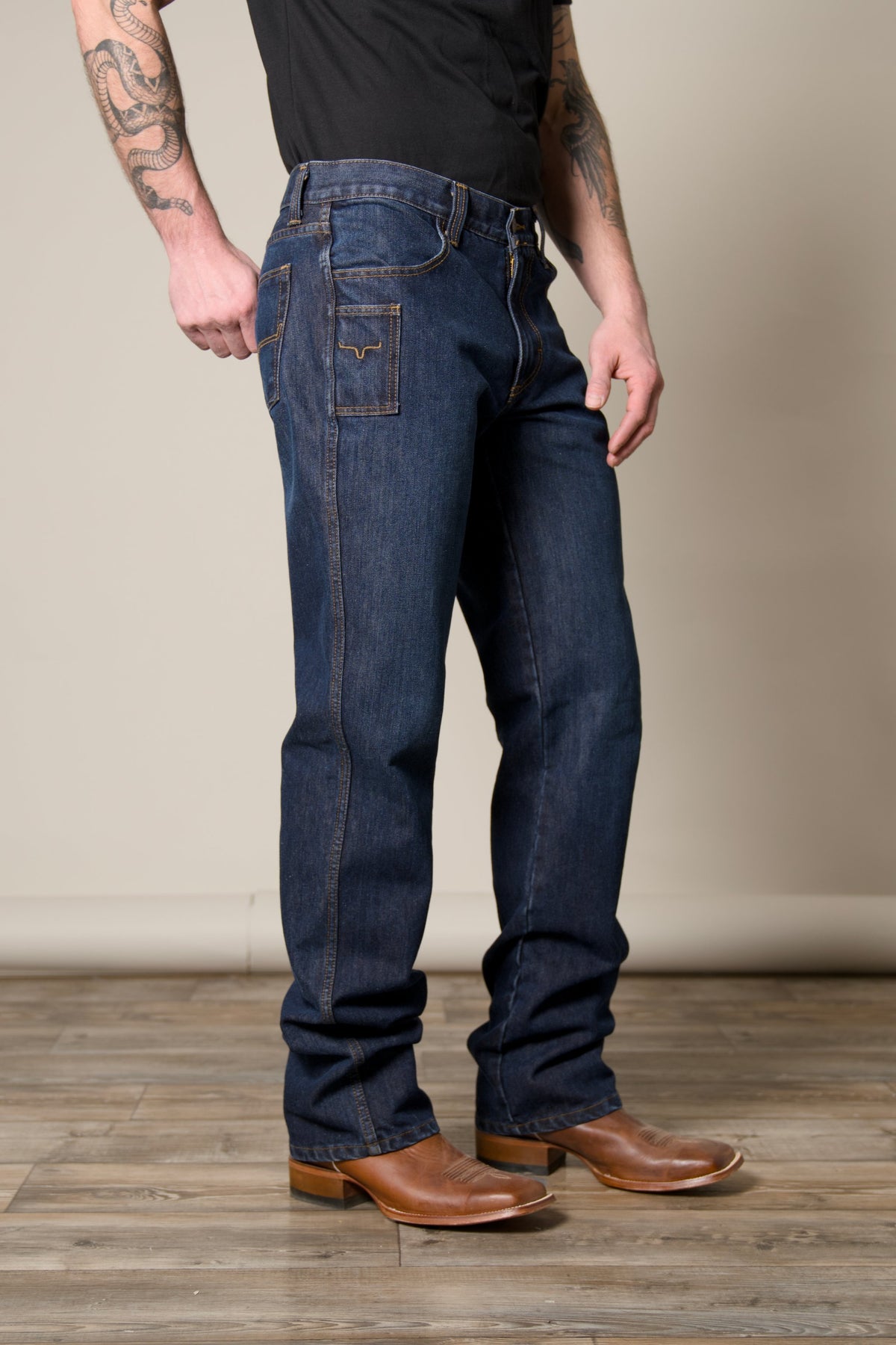 Watson men's dark wash bootcut jean with knife pocket