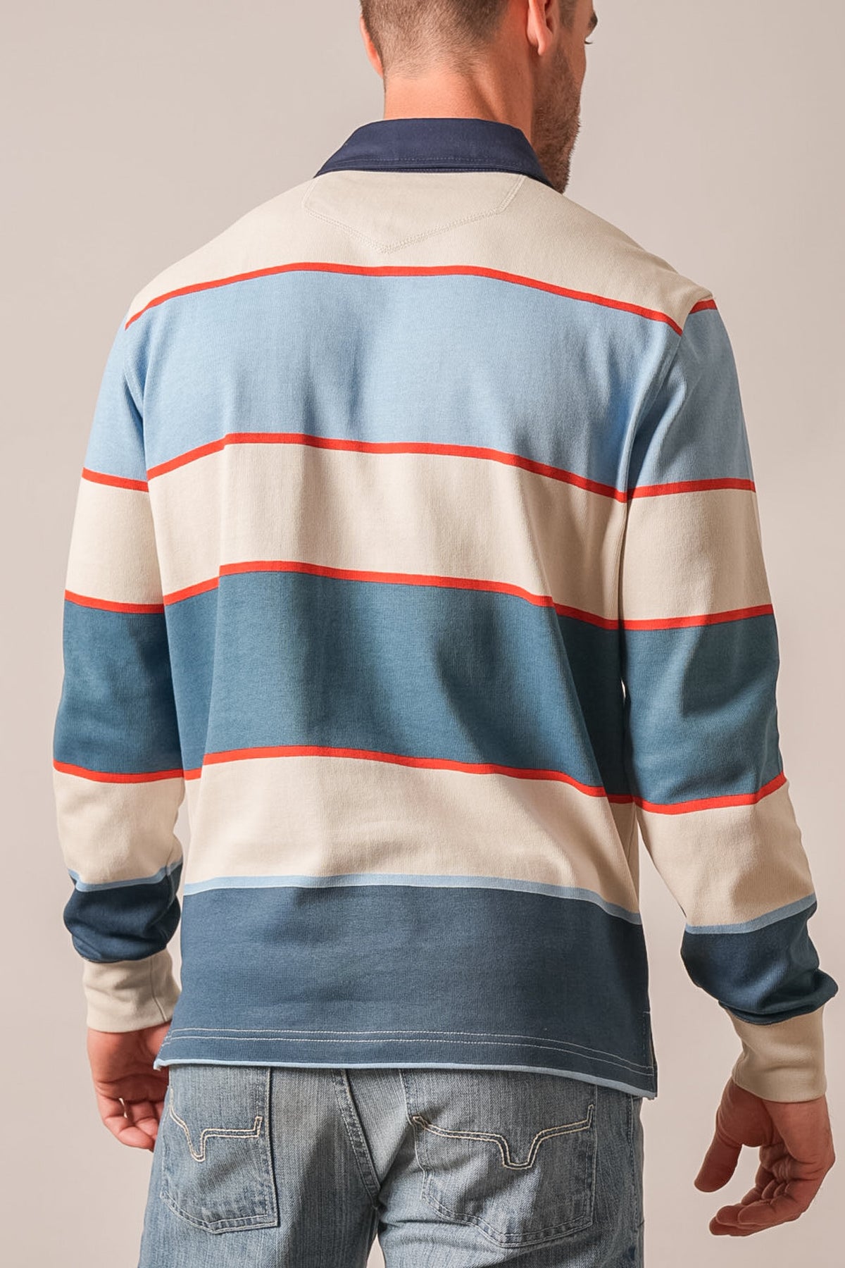 Kimes Ranch York Polo long sleeve striped mid blue with orange stripes