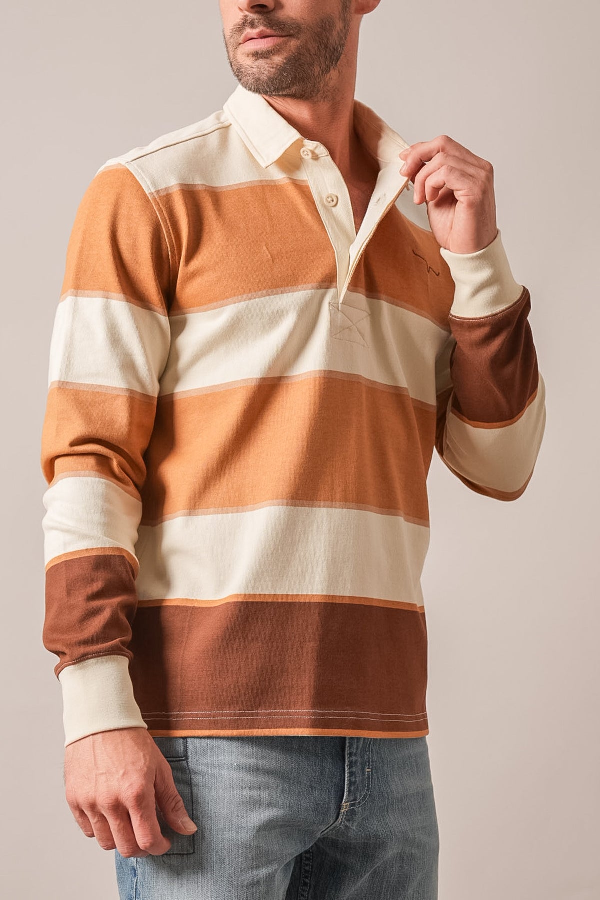 Kimes Ranch York long-sleeve polo in Tan with cream and brown stripes, button placket, Kimes Ranch logo on chest