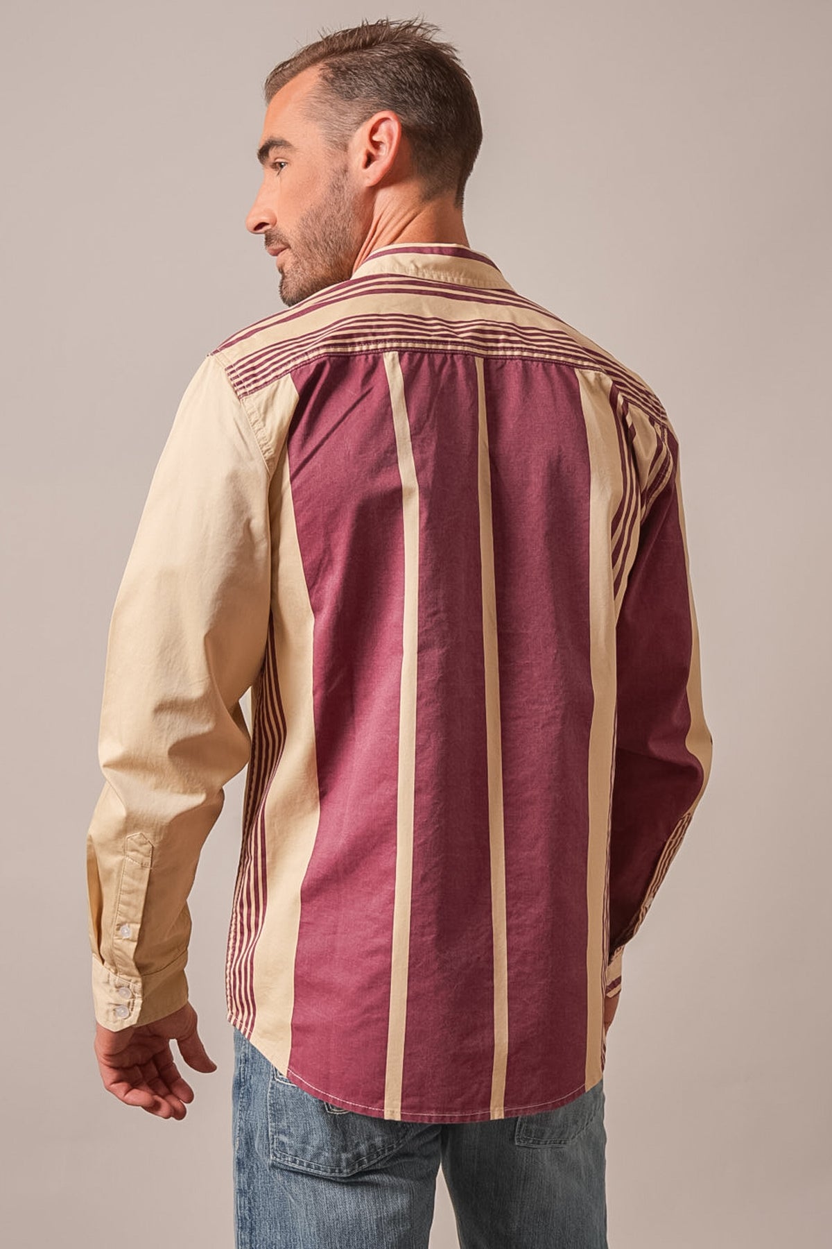 Kimes Ranch ZT 1 Arm Bandit dress shirt back view, khaki with burgundy vertical stripes
