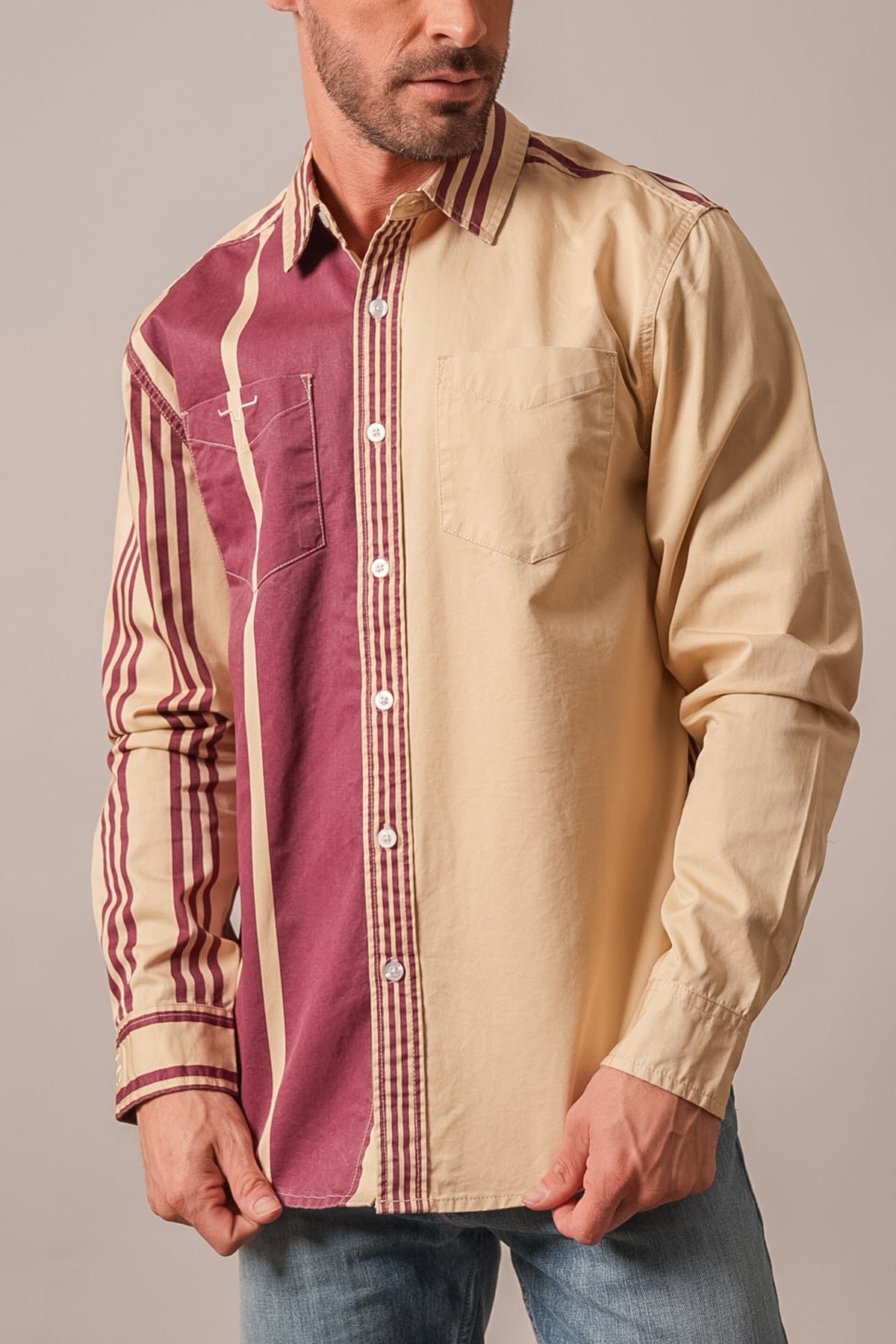 Kimes Ranch ZT 1 Arm Bandit dress shirt in khaki, long sleeve with maroon stripe panel and chest pockets