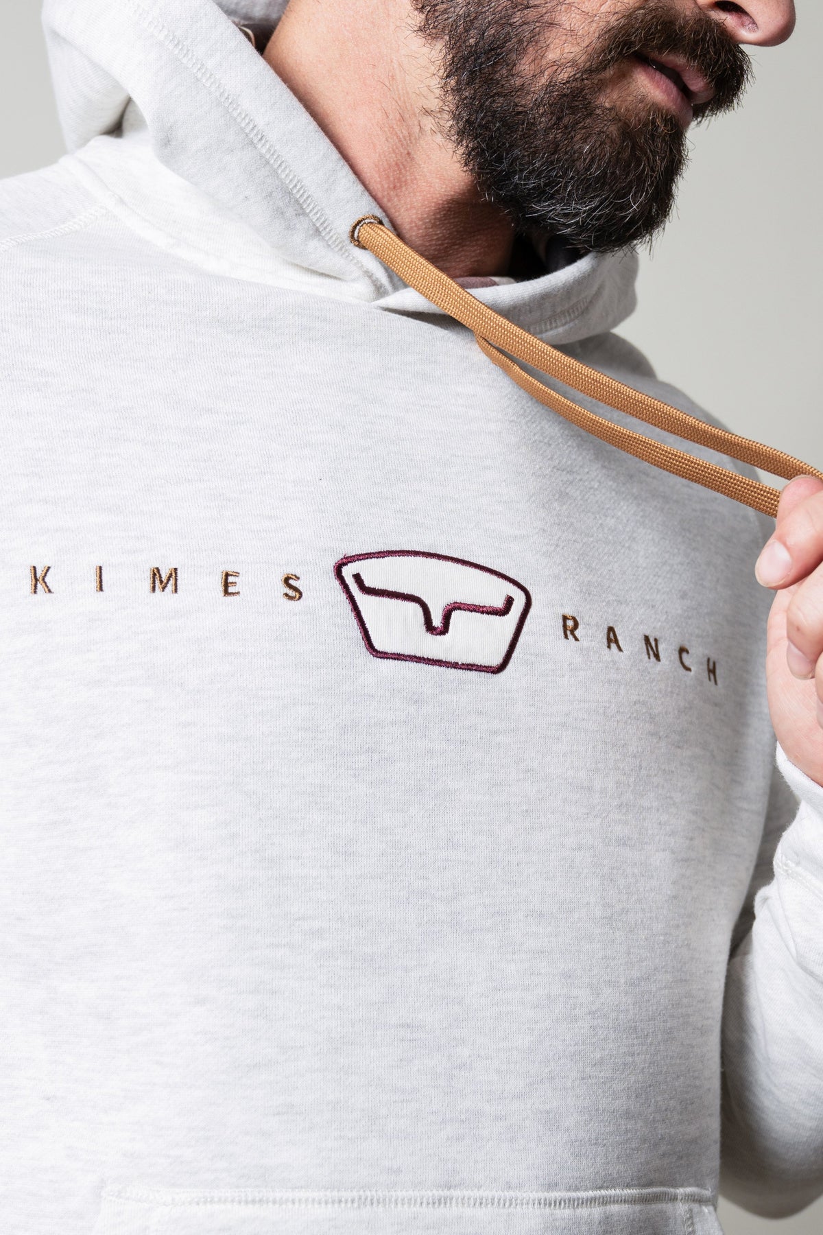 Kimes Ranch ZT Back Then Hoodie in Oatmeal Heather featuring embroidered Kimes Ranch logo and brown drawstrings