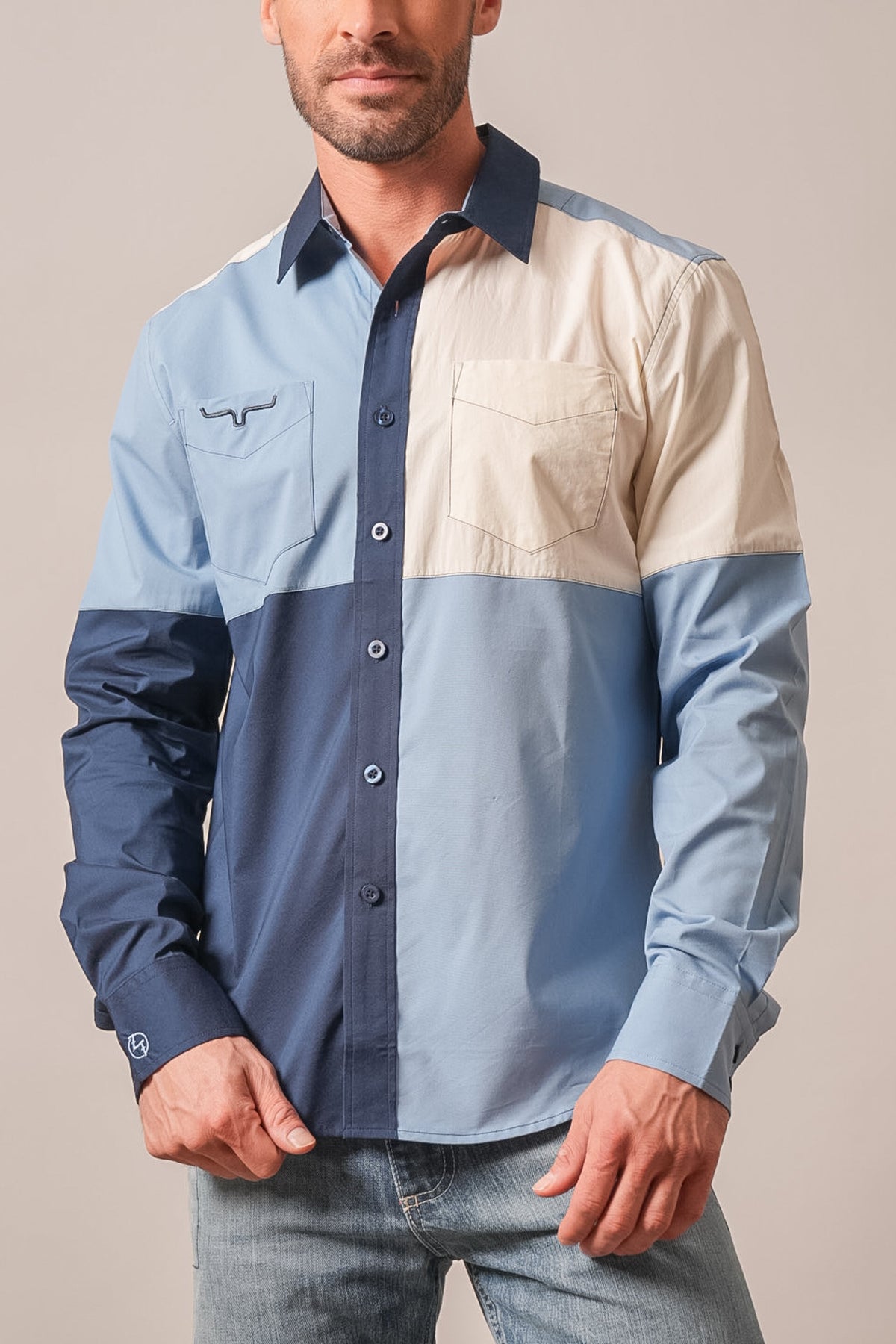 Kimes Ranch ZT Block Party long sleeve dress shirt in mid blue with cream panels, two patch pockets, and Kimes Ranch logo
