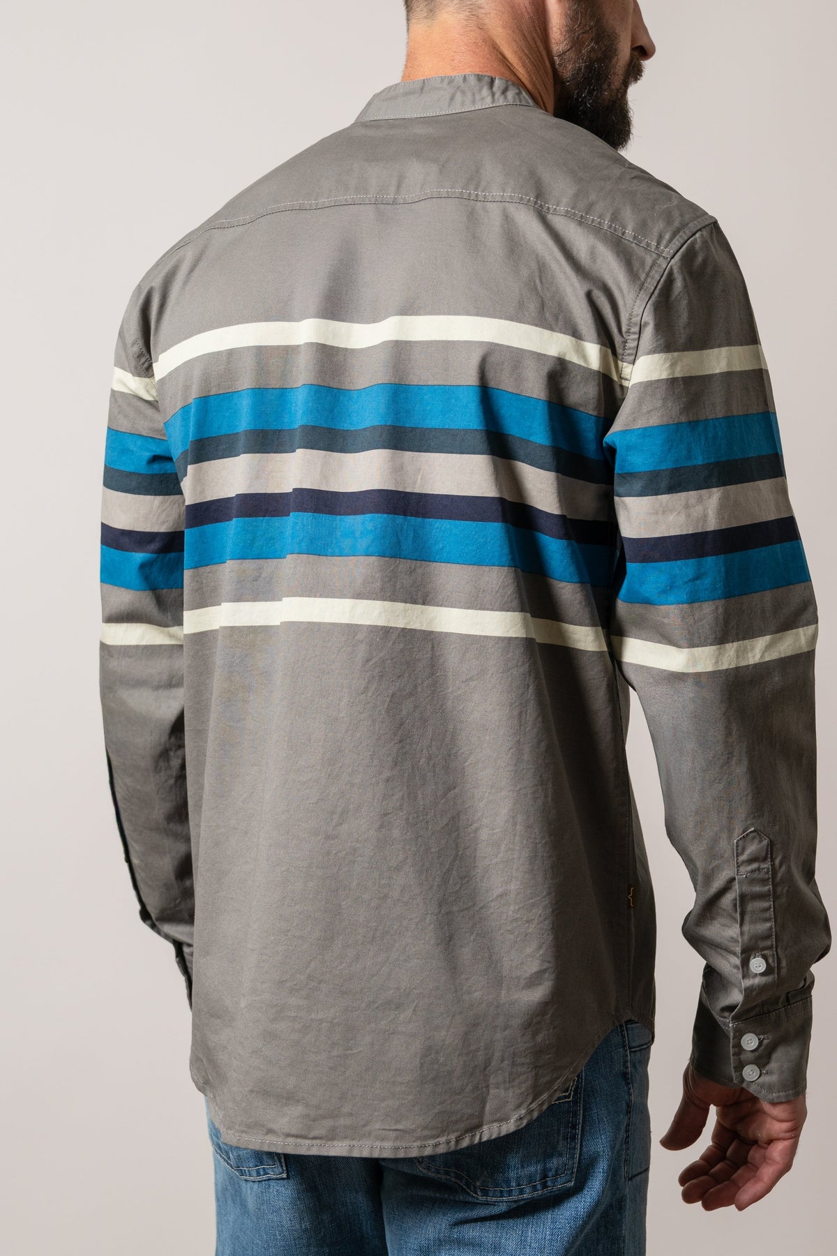 Kimes Ranch ZT Caliber Natural long sleeve dress shirt, back view, with horizontal teal