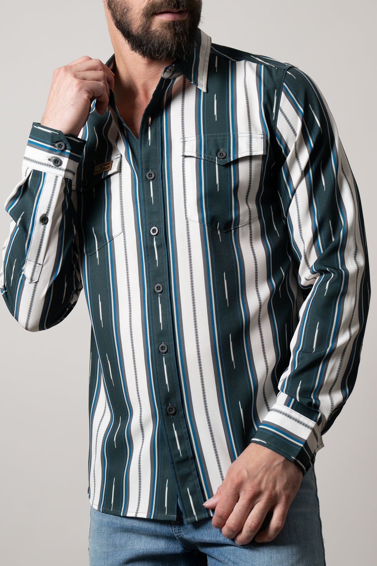 Kimes Ranch ZT Hickory long sleeve button-up shirt in green and blue vertical stripes with chest pockets