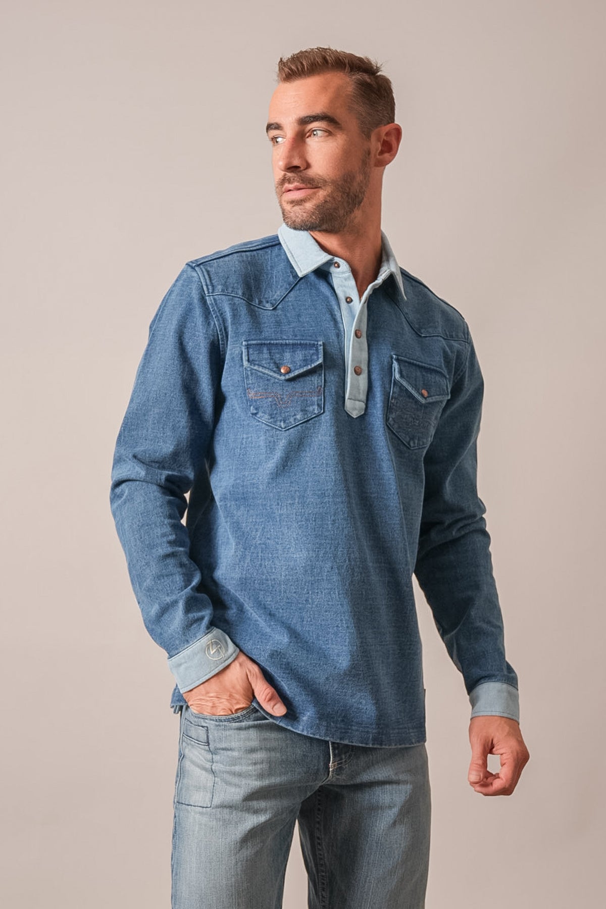 Kimes Ranch ZT Rugger Indigo long sleeve polo with contrast collar, two chest pockets and the Kimes Ranch logo