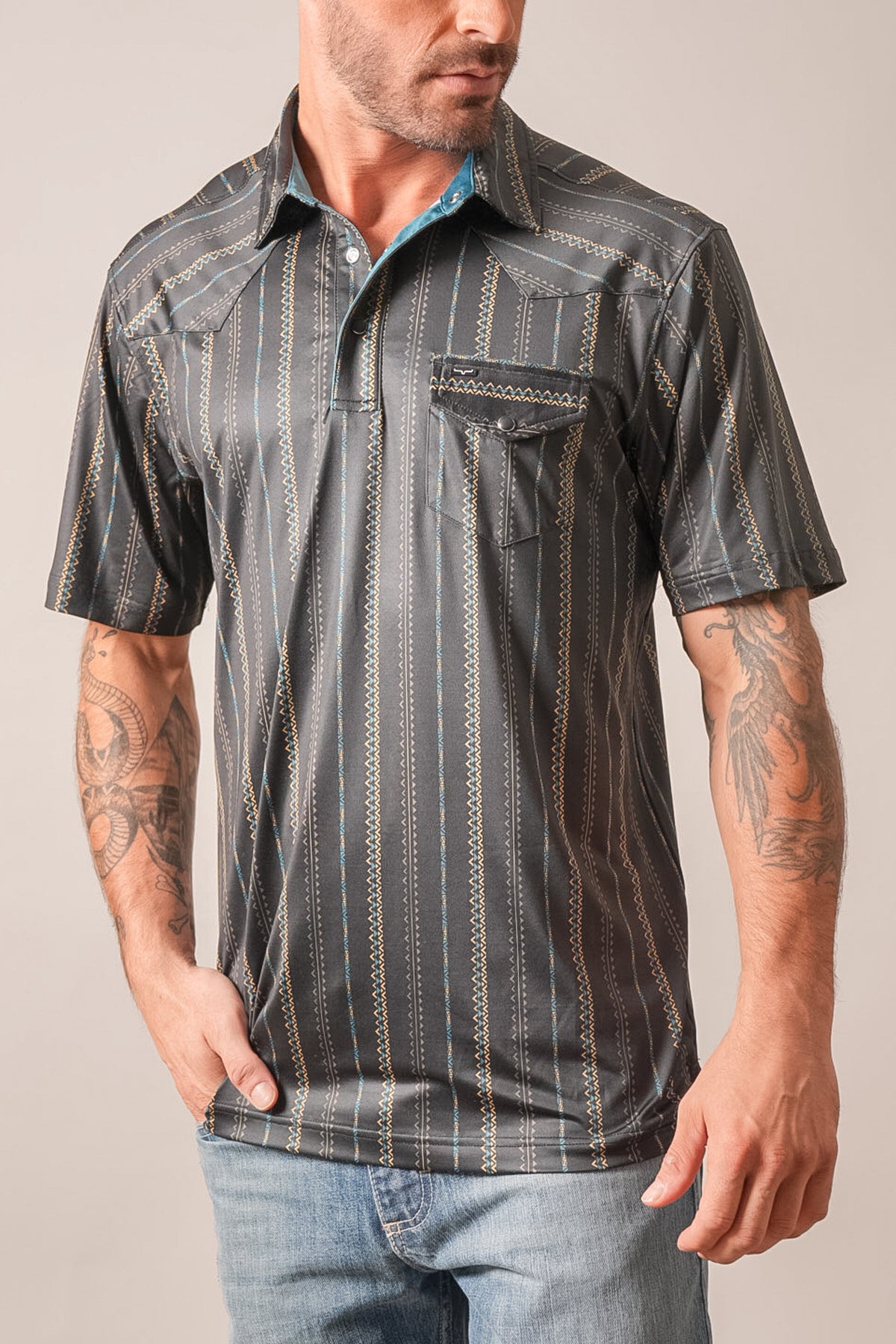 Kimes Ranch ZT Z-Stripe polo, black, blue and tan stripes, snap placket, chest pocket, logo
