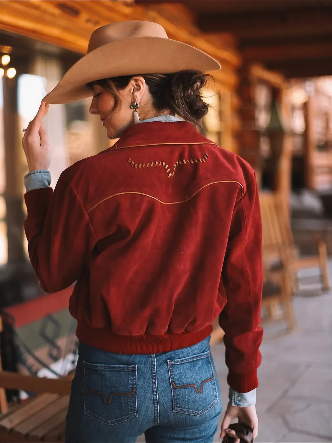 Kimes Ranch KR x Western & Co. Bomber Jacket, back view, in red with longhorn yoke and contrast stitching