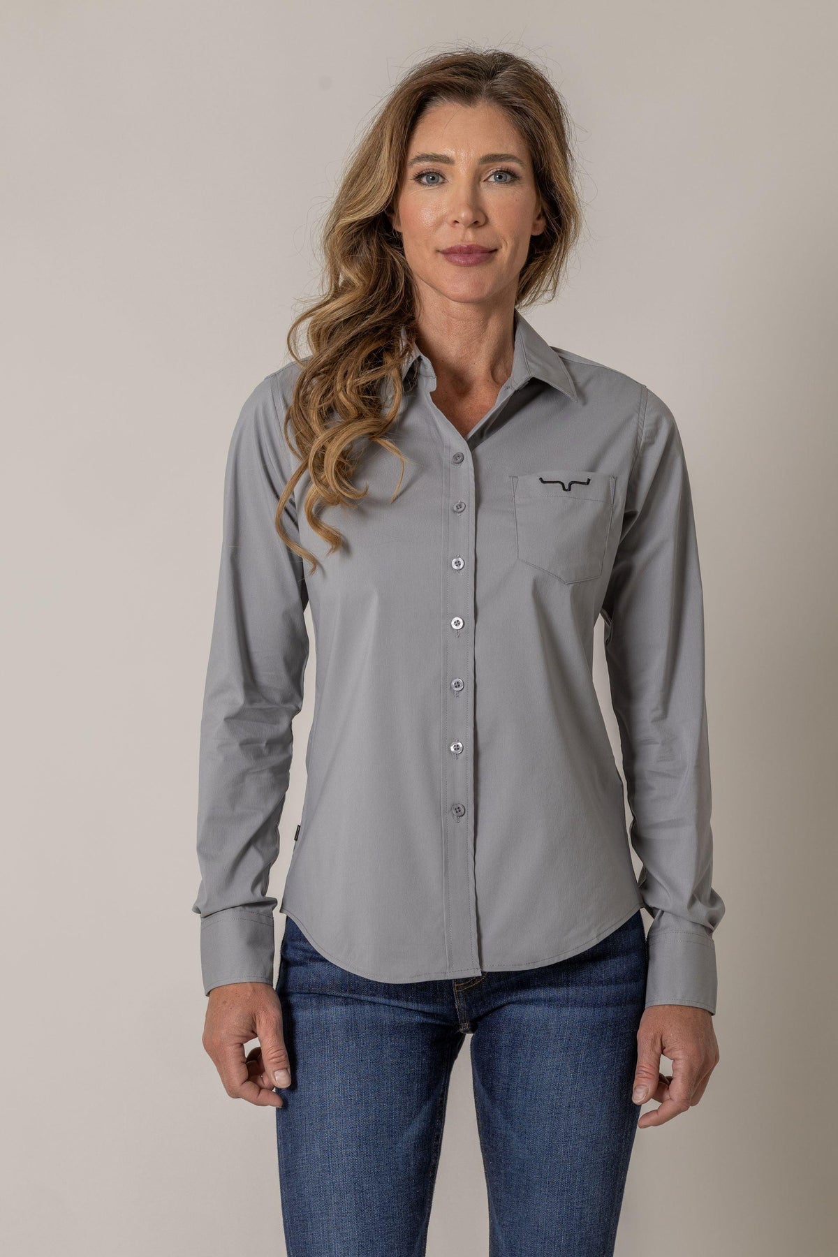 Kimes Ranch Ladies KR Team Shirt in Grey with long sleeves and a chest pocket featuring the Kimes Ranch logo