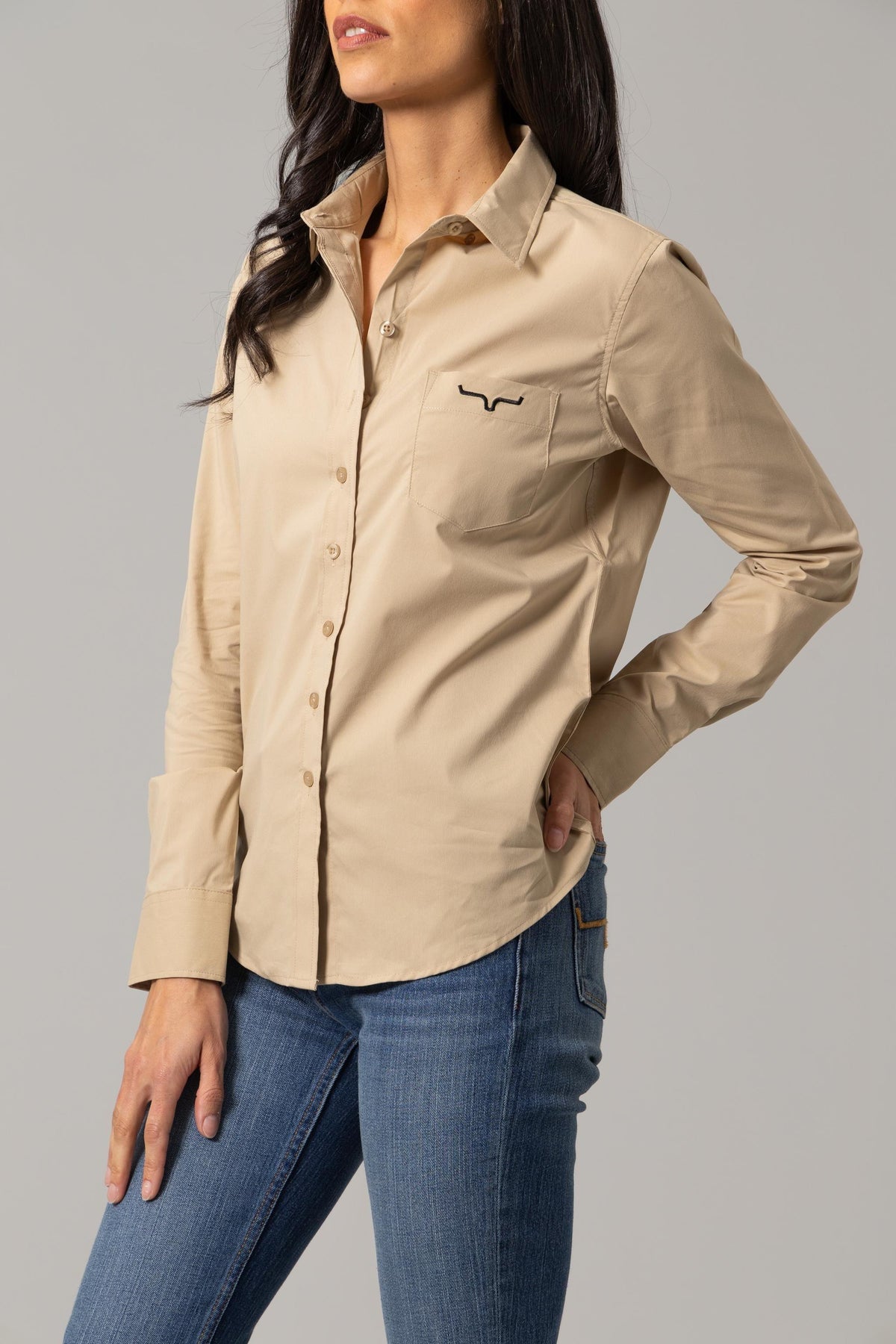 Kimes Ranch Ladies KR Team Shirt in Khaki with a front pocket and embroidered logo