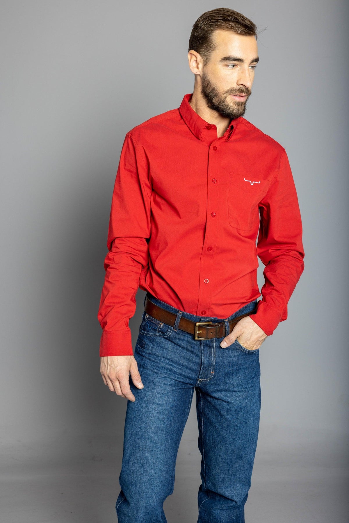Kimes Ranch KR Team Dress Shirt in Red with long sleeves and a chest pocket featuring the Kimes Ranch logo