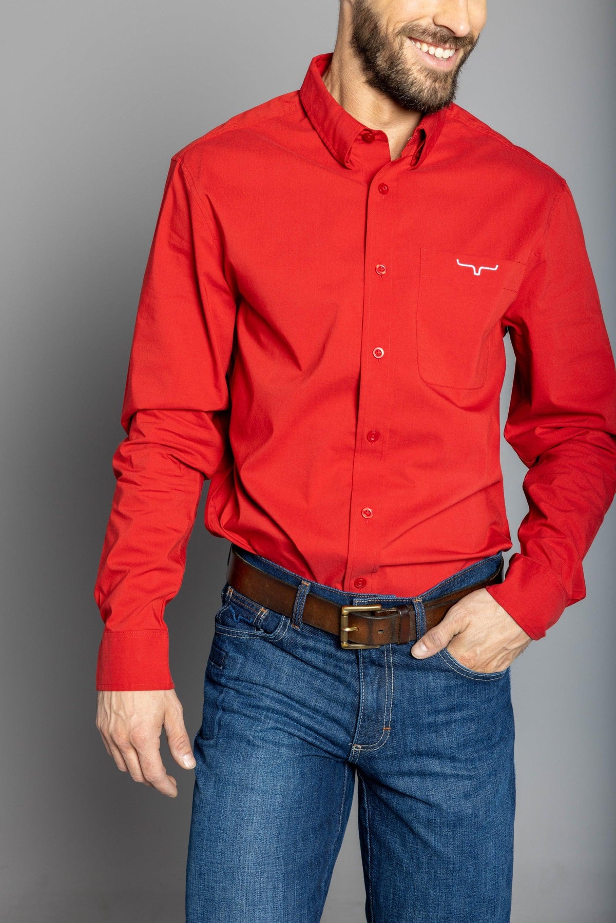 Kimes Ranch KR Team Dress Shirt in Red with long sleeves and a chest pocket featuring the Kimes Ranch logo