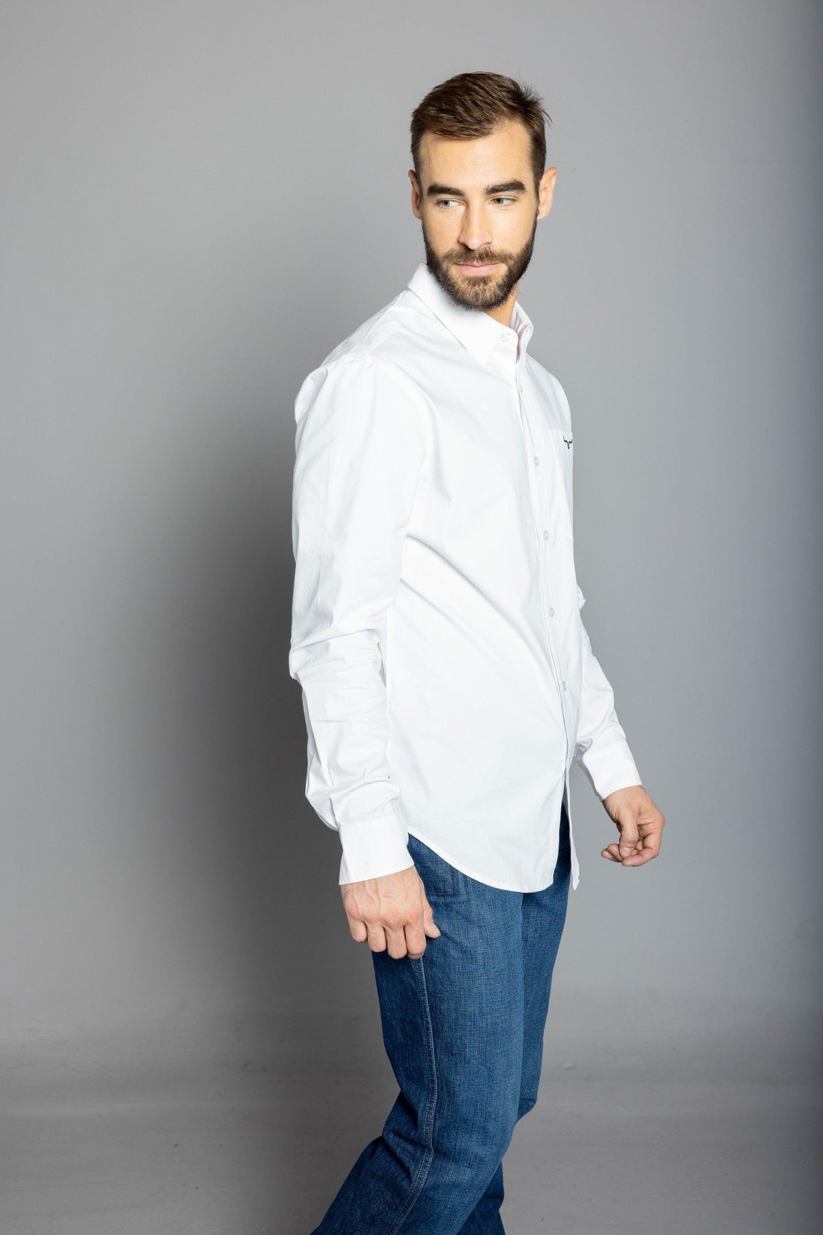 Kimes Ranch KR Team Dress Shirt (Long) in White, side view, with long sleeves and a chest pocket