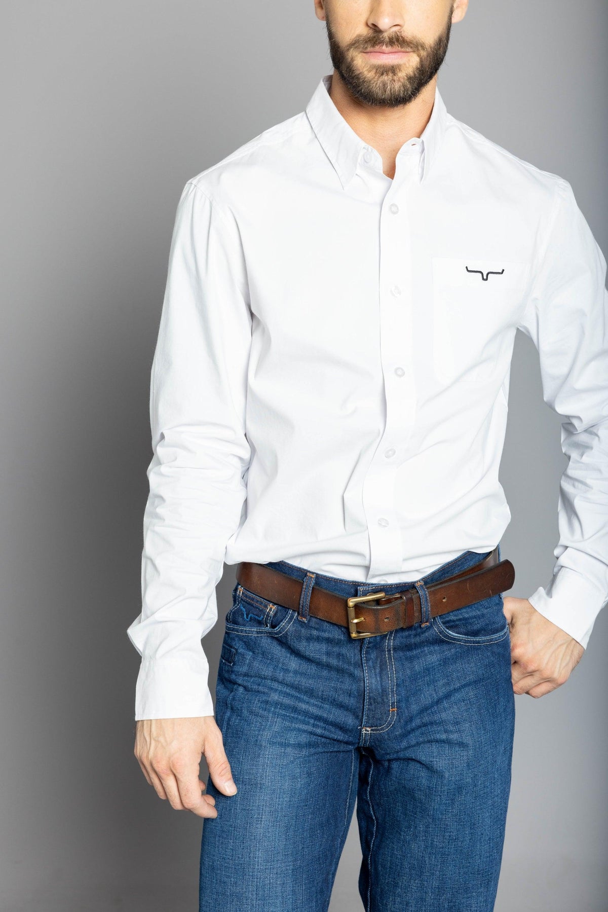 Kimes Ranch KR Team Dress Shirt in White with long sleeves and a chest pocket featuring the Kimes Ranch logo