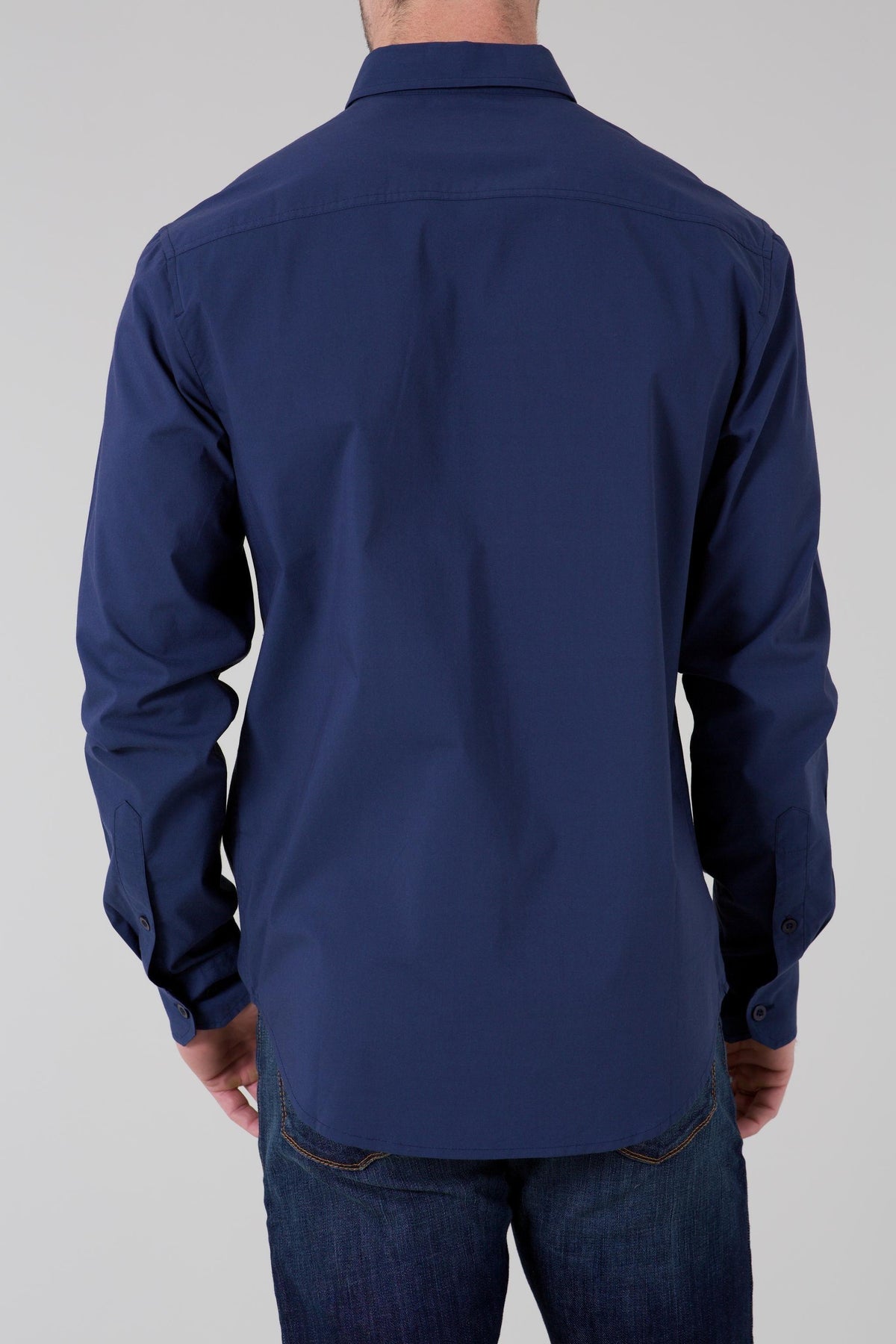 Kimes Ranch KR Team Dress Shirt (Long) in Navy, back view, with a back yoke and button cuffs