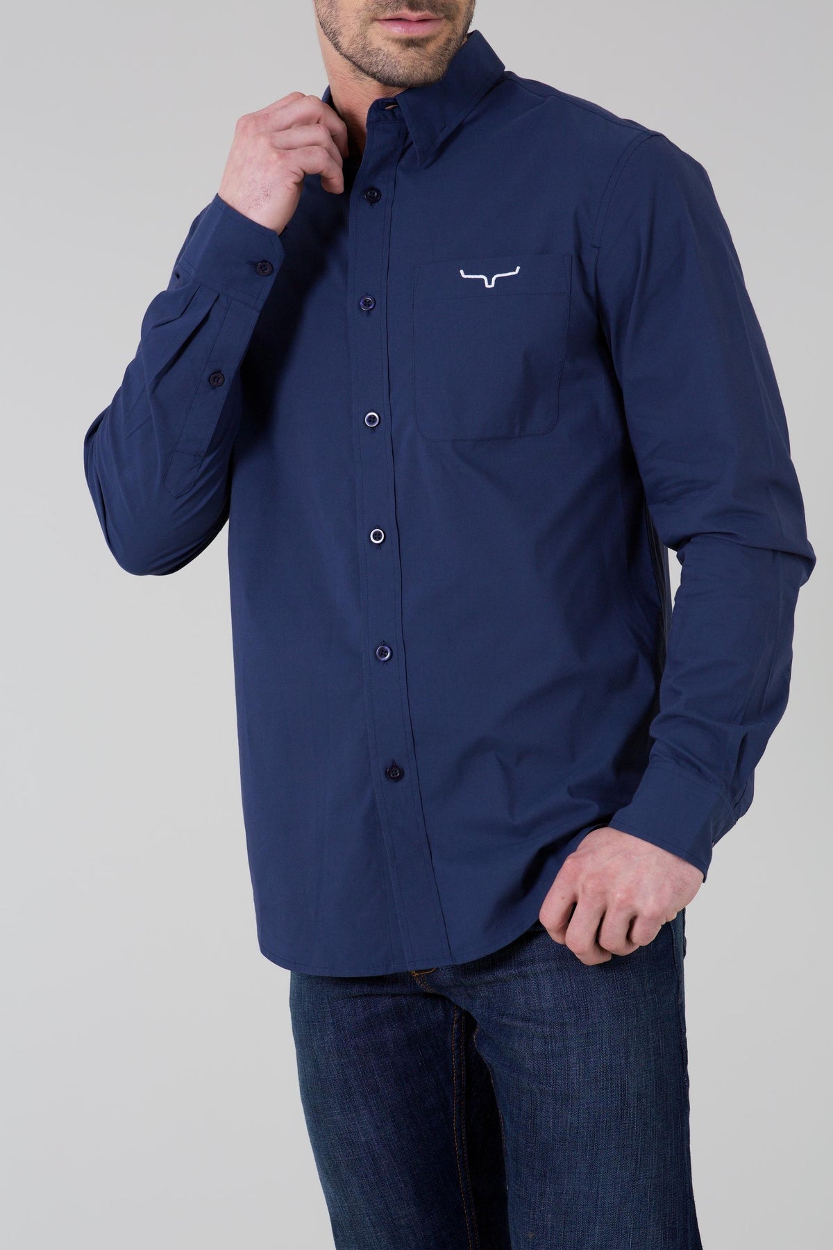 Kimes Ranch KR Team Dress Shirt in Navy with long sleeves and a chest pocket featuring the Kimes Ranch logo