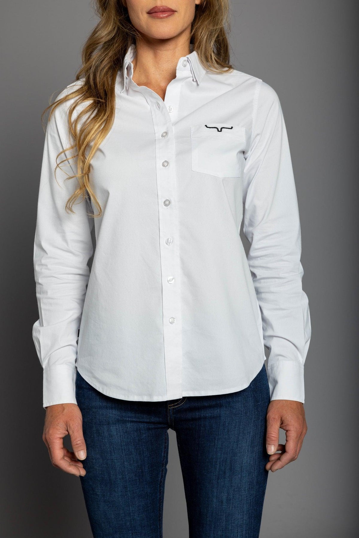 Kimes Ranch Ladies KR Team Shirt (Long) in White with long sleeves and a chest pocket featuring the Kimes Ranch logo