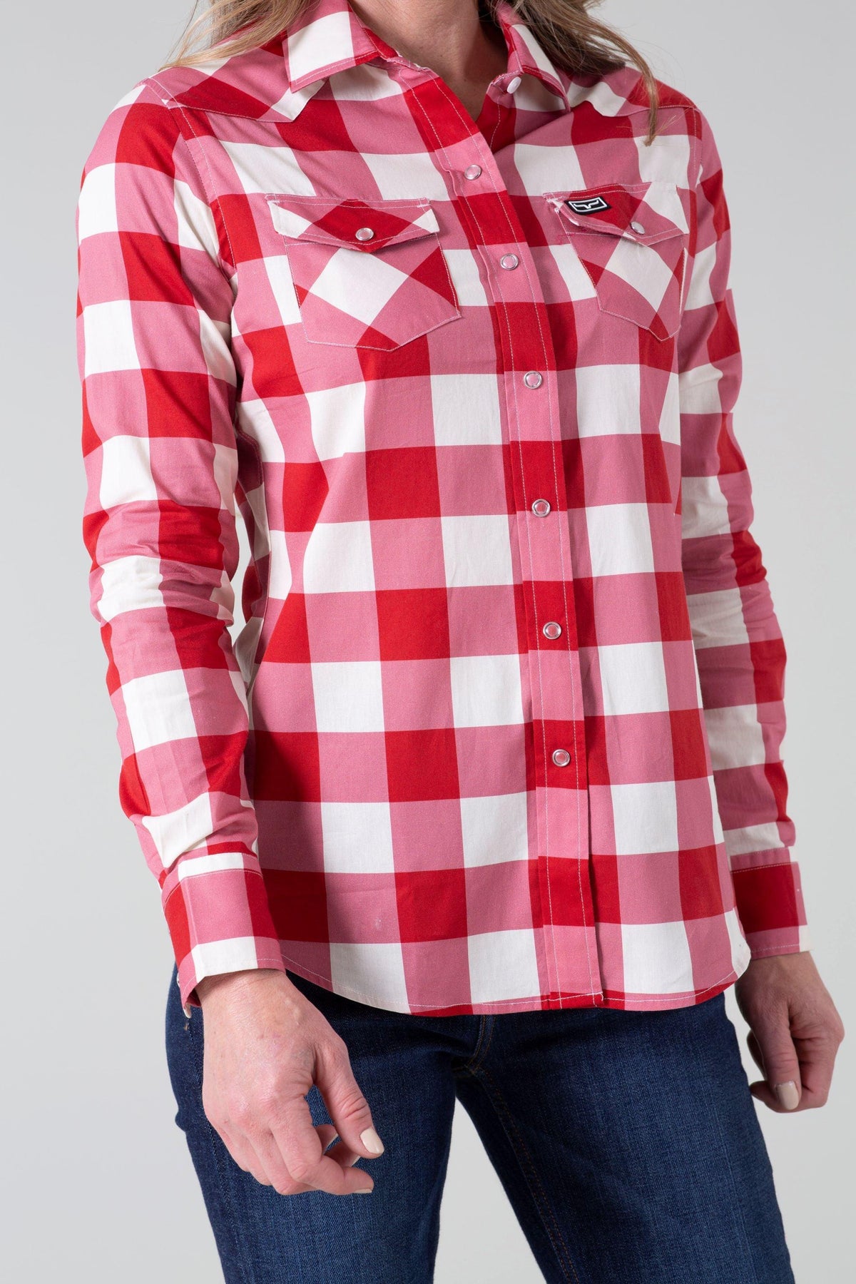 Kimes Ranch Ladies Malcom Buffalo Plaid top in Red with chest pockets and a button front