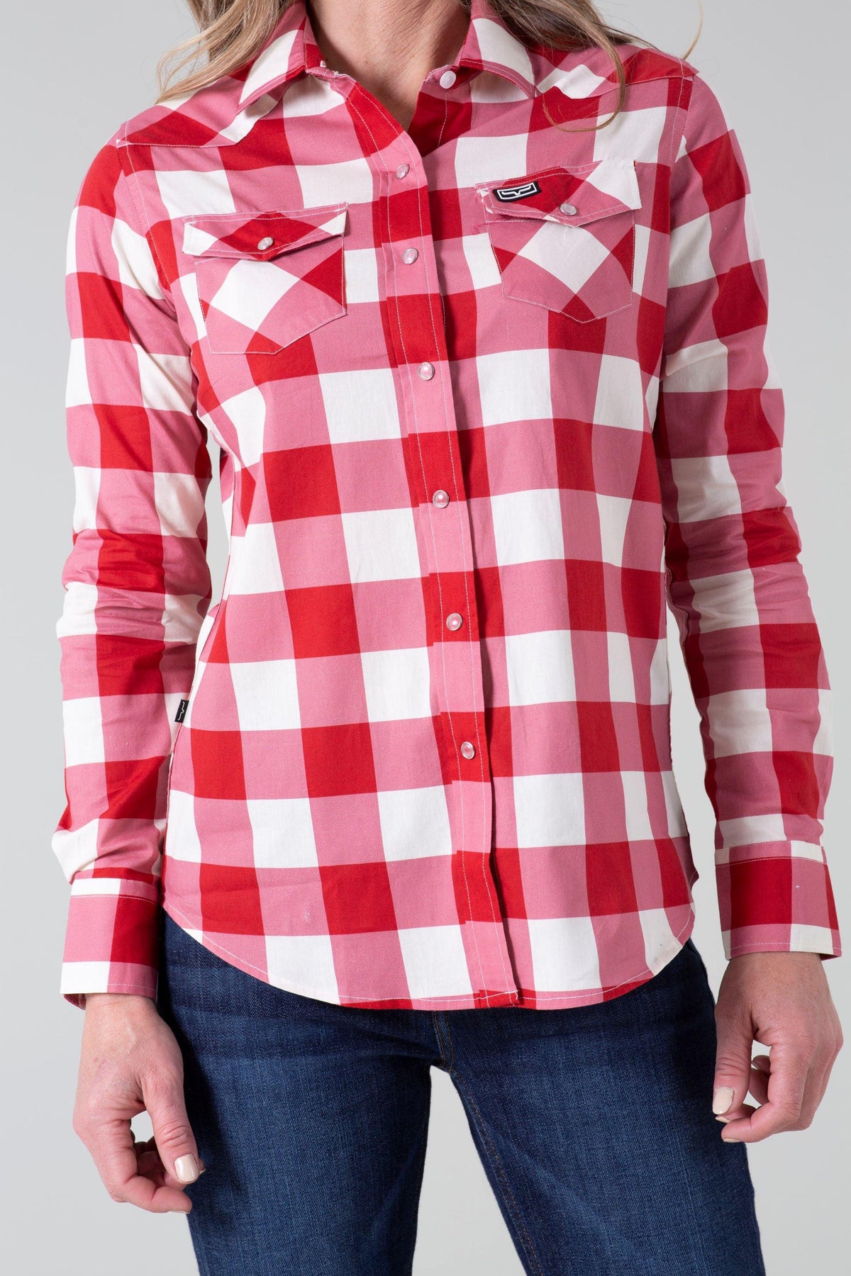 Kimes Ranch Ladies Malcom Buffalo Plaid top in Red with chest pockets and a button front