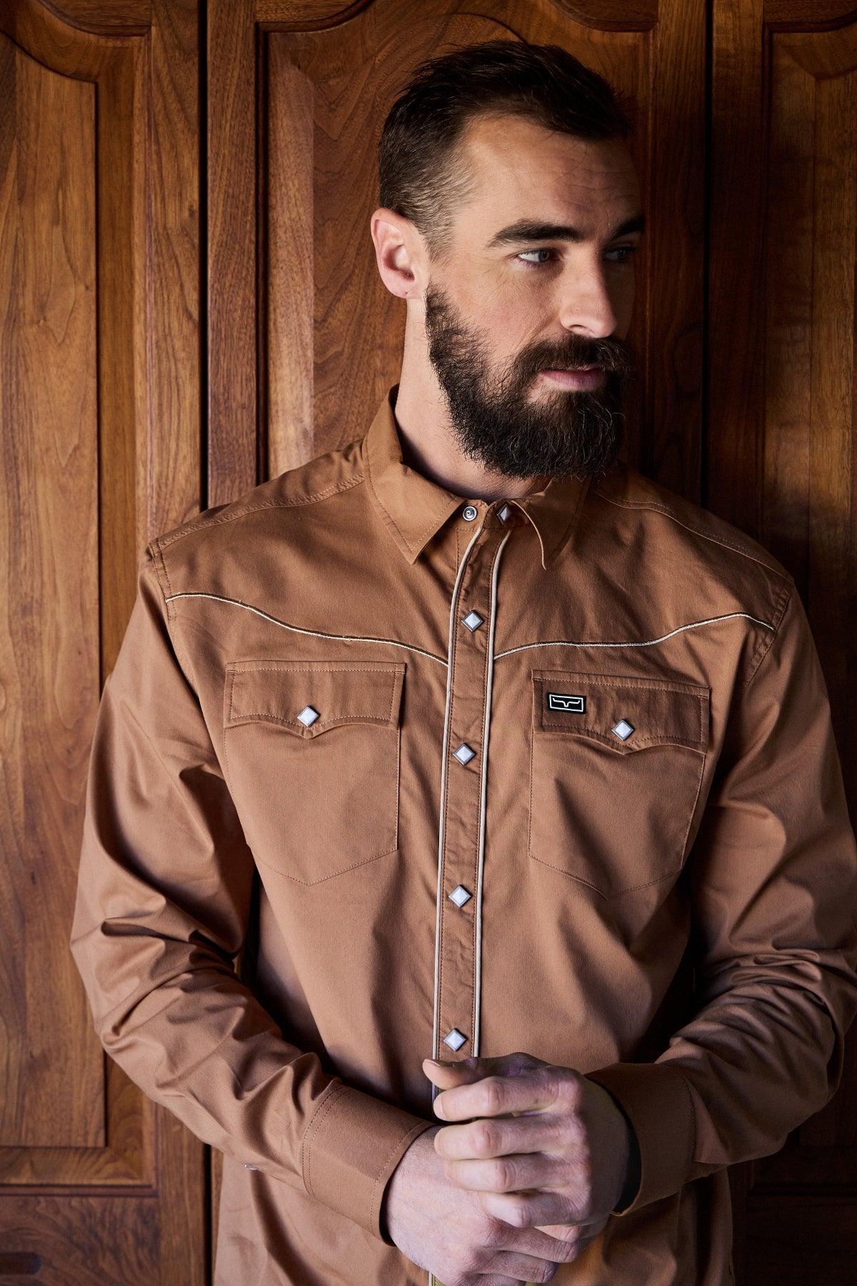 Kimes Ranch Laneboro dress shirt in Work Wear Brown with contrast stitching and diamond-shaped buttons